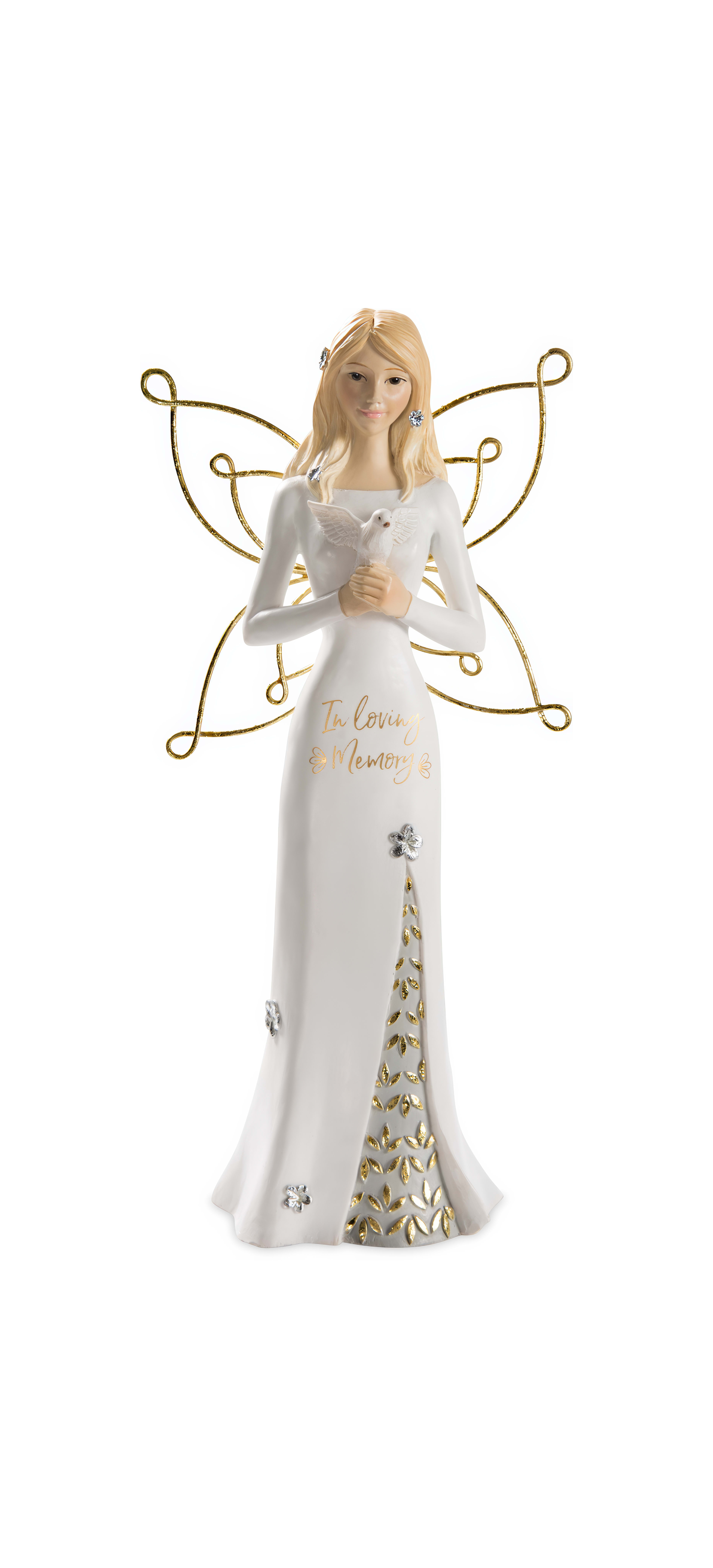 This delicate angel figurine features gold accents and a dove, symbolizing love and remembrance.