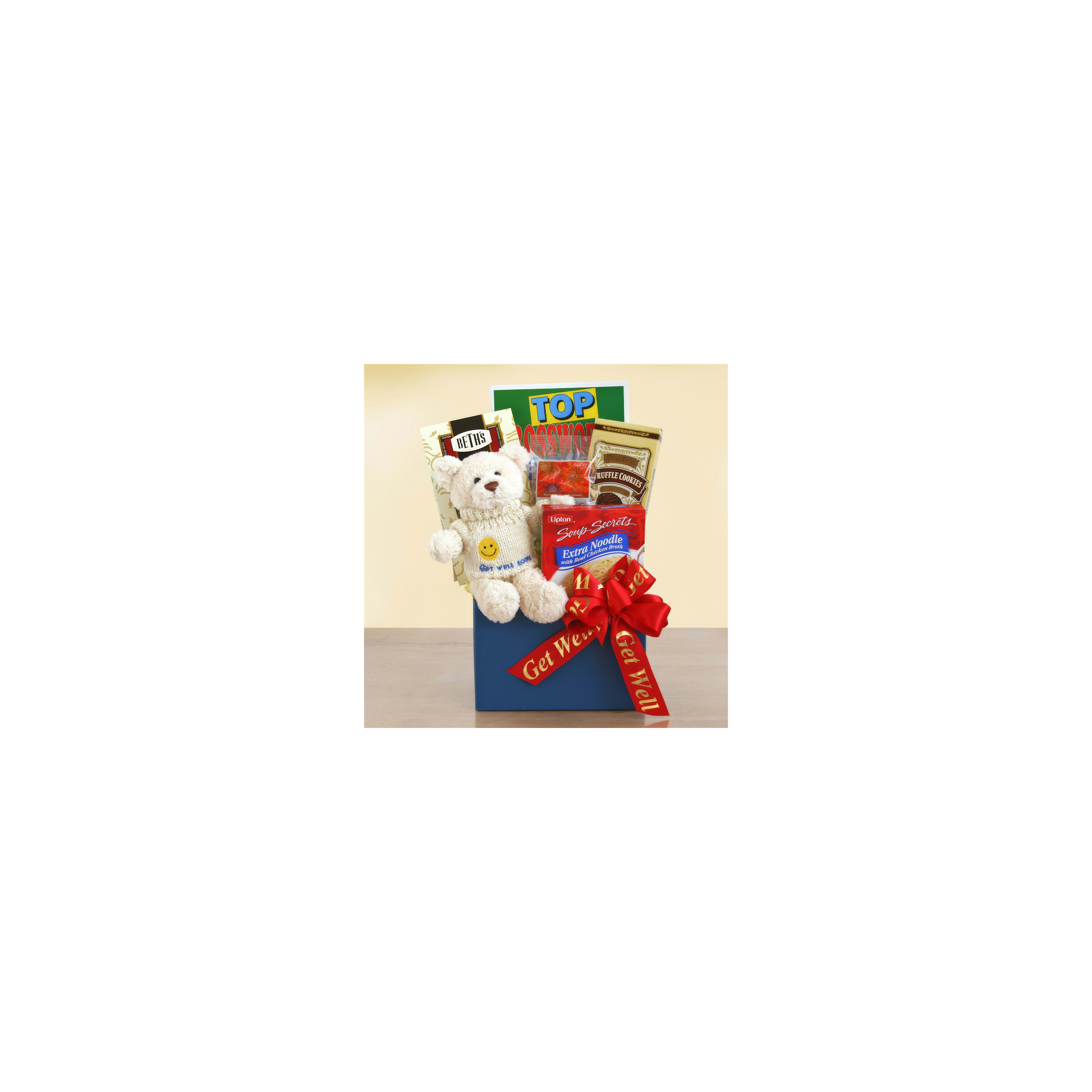 A gift basket filled with snacks, tea, and a plush bear designed to cheer someone recovering.