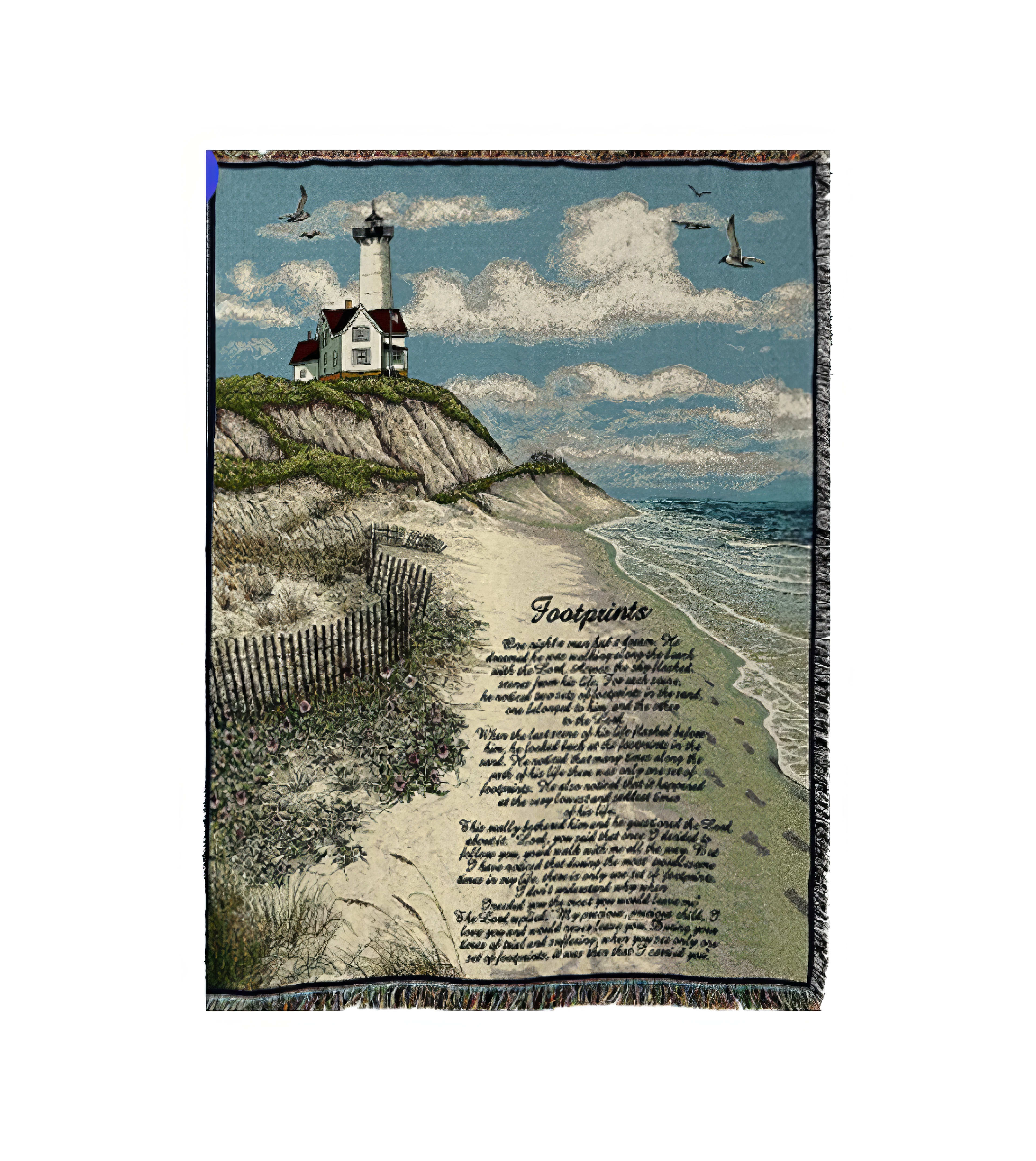 A scenic lighthouse on a cliff overlooks sandy shores and gentle ocean waves.