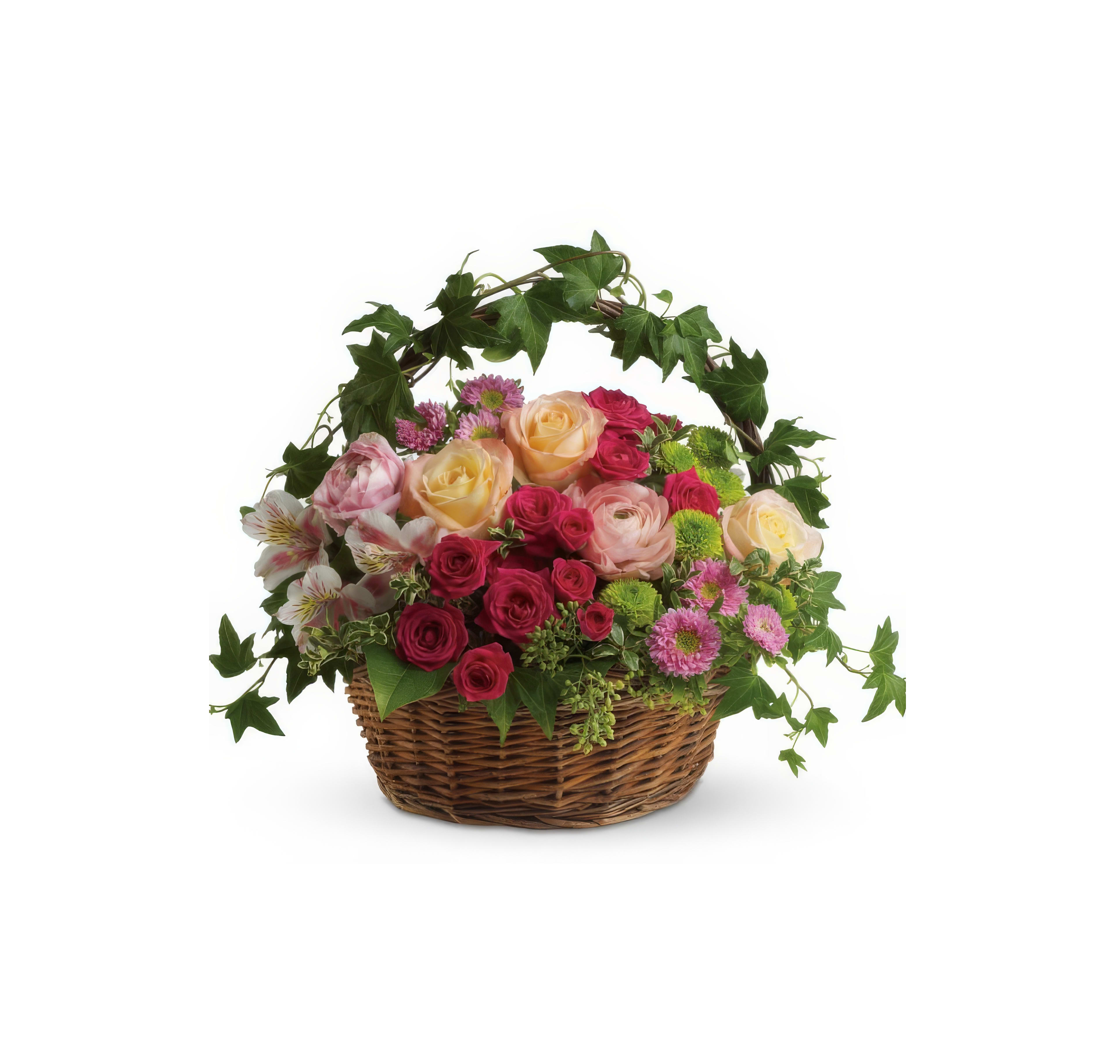 Vibrant colors of roses and lilies blend harmoniously in a well-designed wicker basket arrangement.