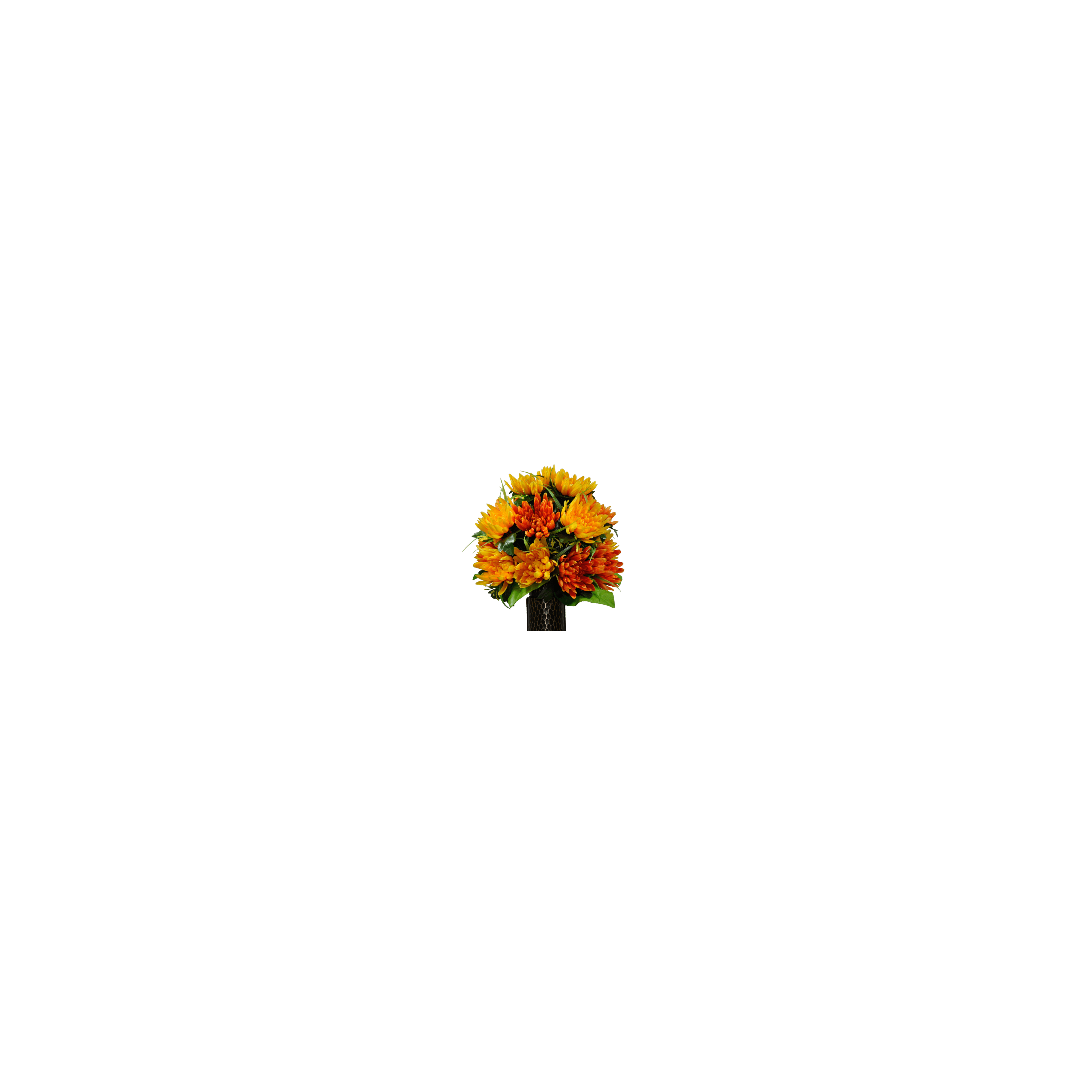 A vibrant bouquet of orange and yellow flowers stands in an elegant vase, perfect for decoration.