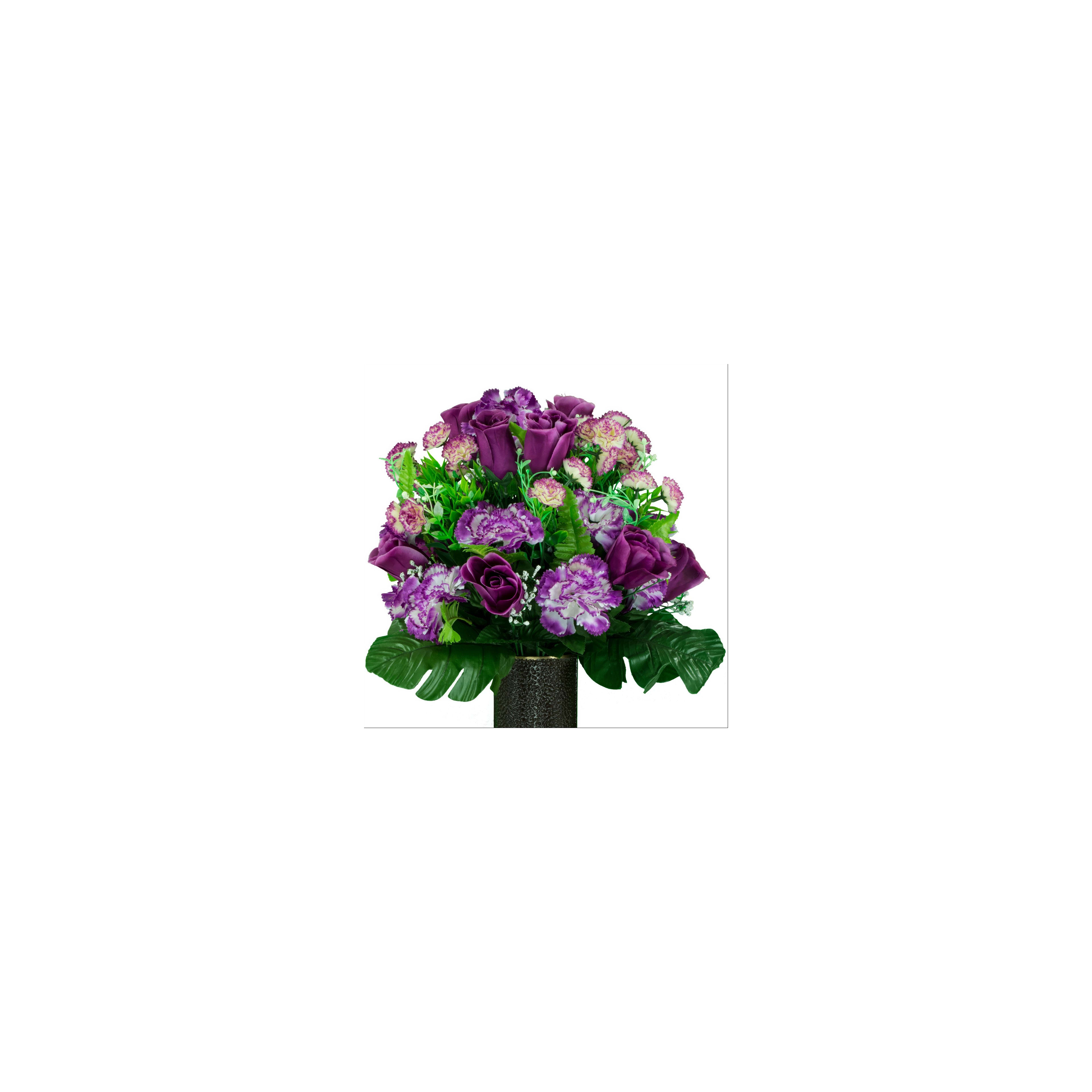 Purple roses and other flowers are artfully arranged in a stylish vase, adding elegance.