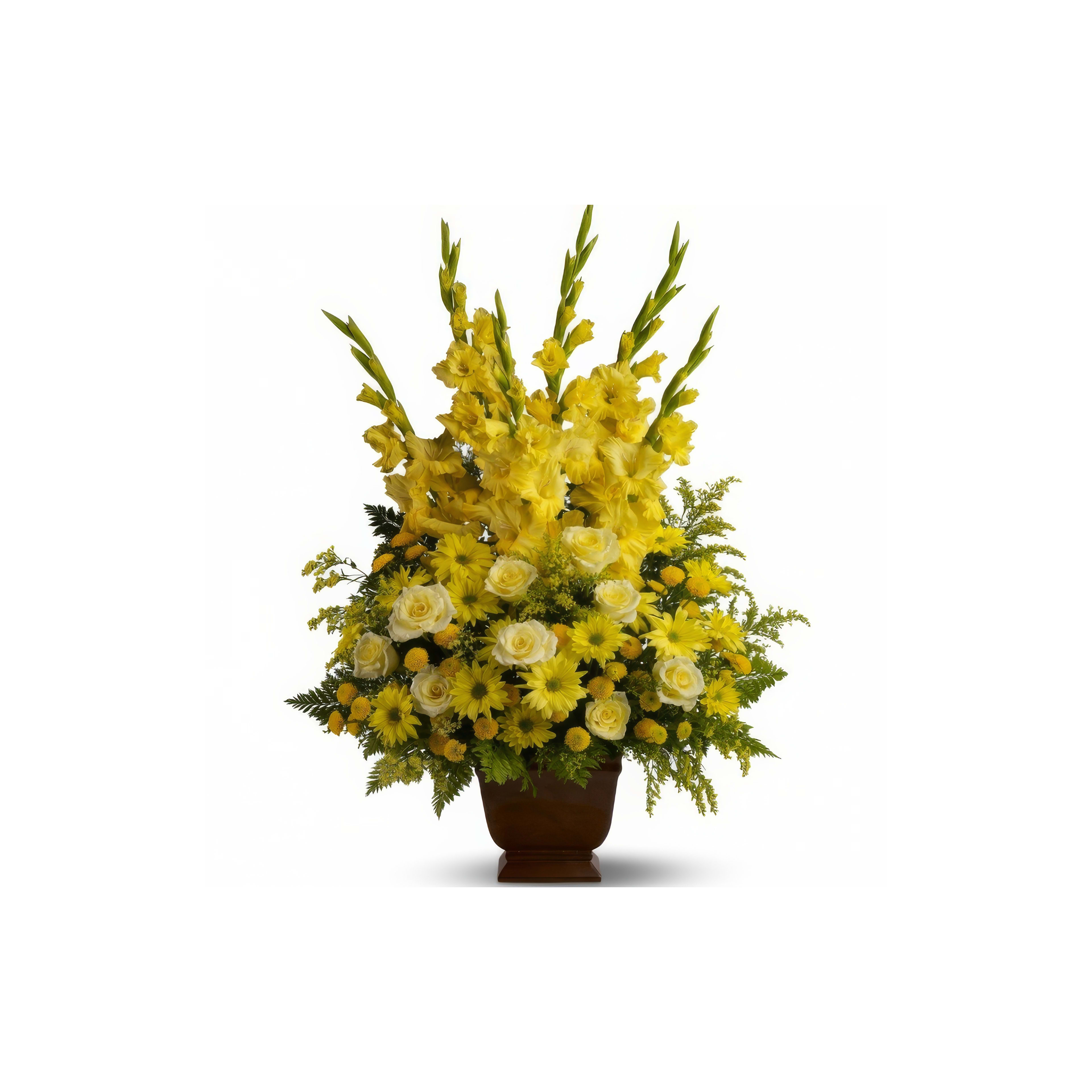 Vibrant yellow flowers are beautifully arranged in a decorative vase, showcasing roses and daisies.