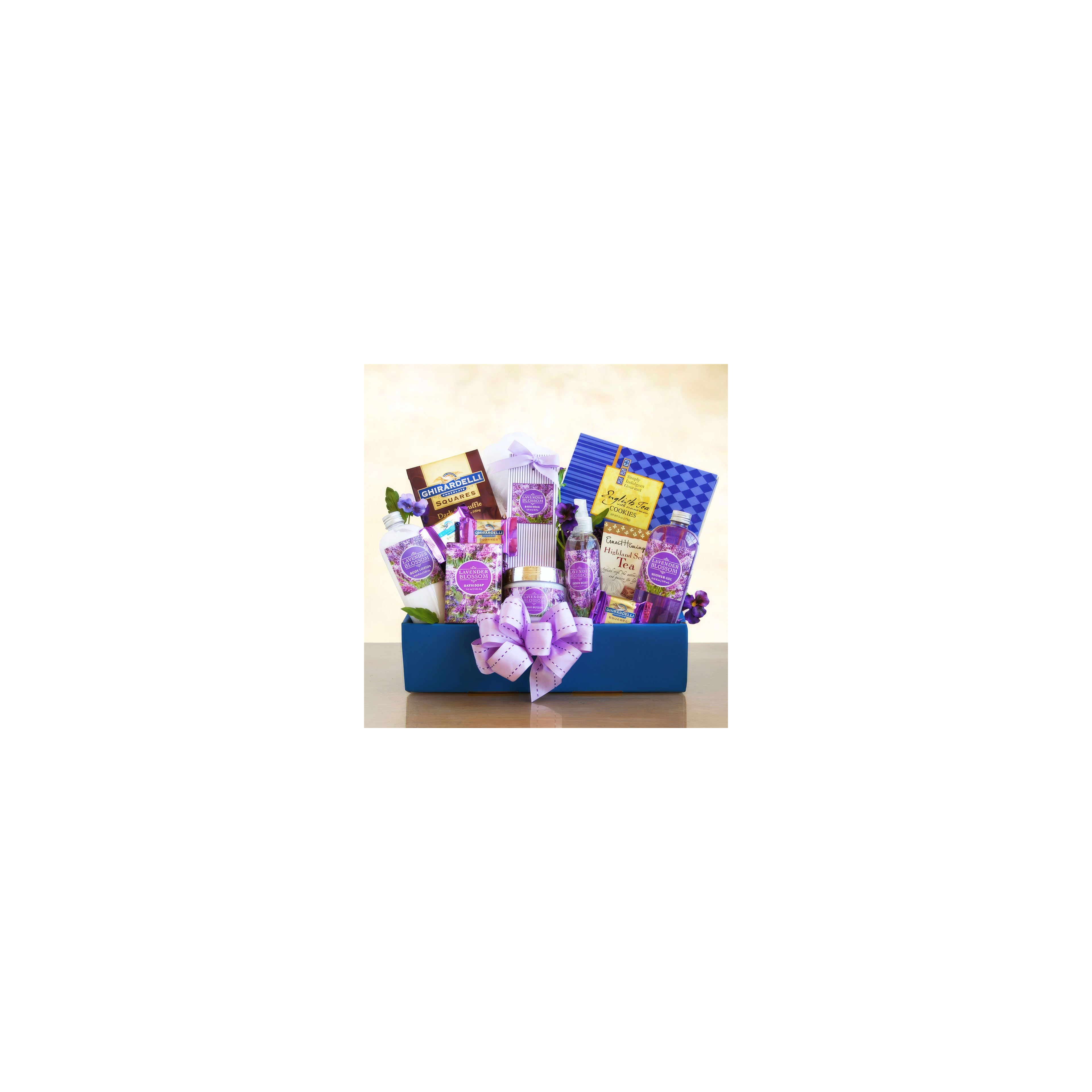 This basket offers scented lavender items, chocolates, and herbal tea for a calming experience.