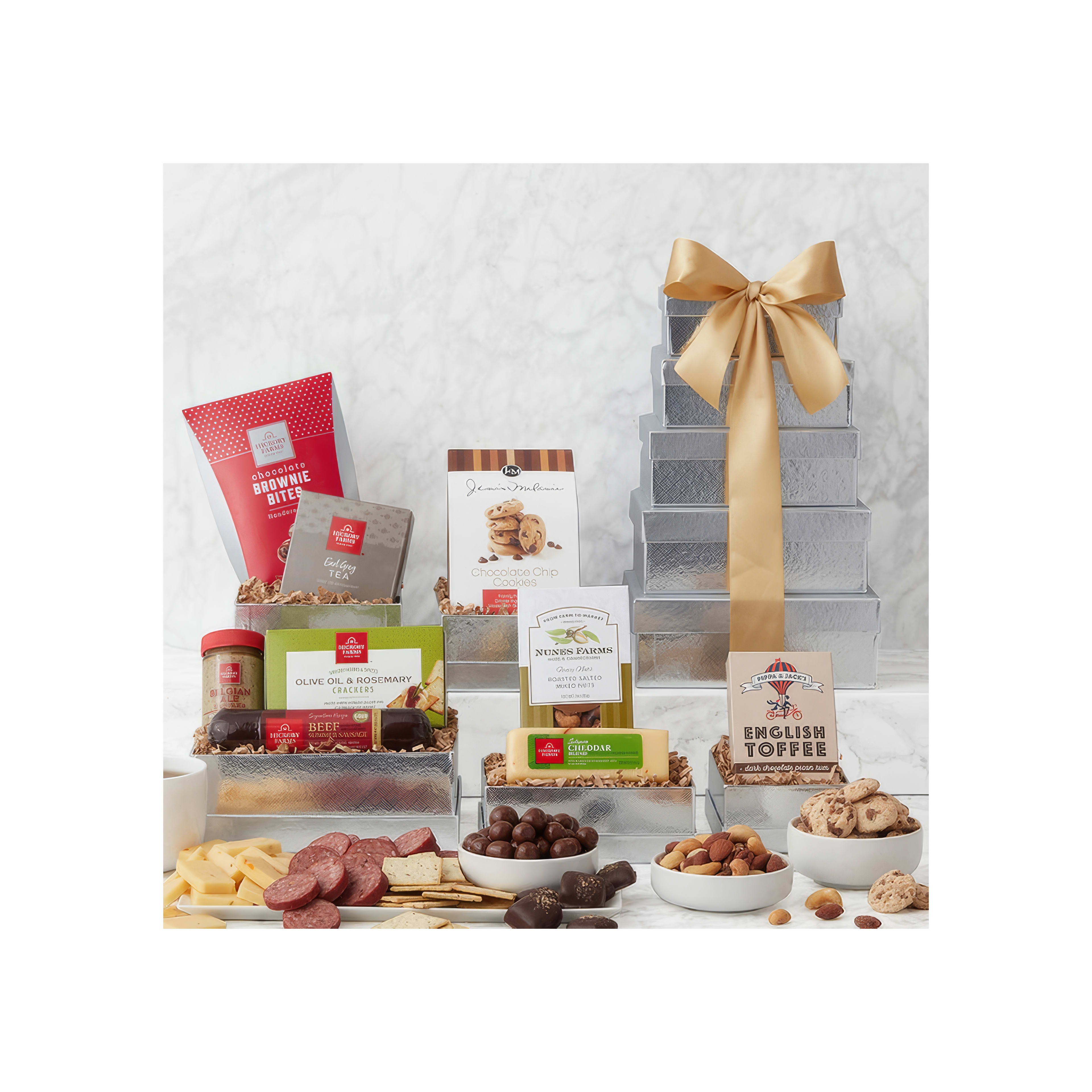 A stunning gift tower filled with gourmet snacks, chocolates, and cookies for celebrations.