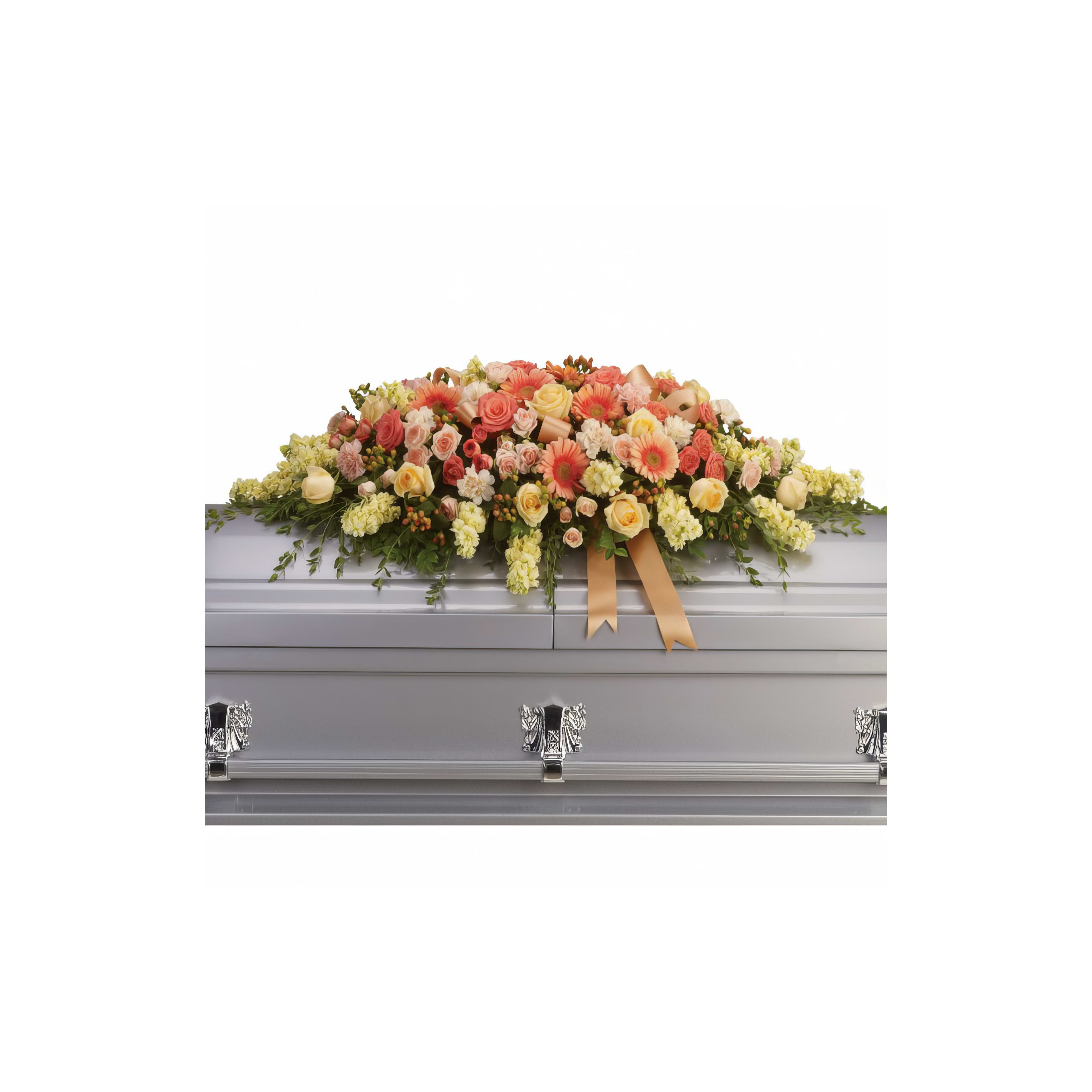 Roses and mixed flowers adorn a silver casket at the memorial service.