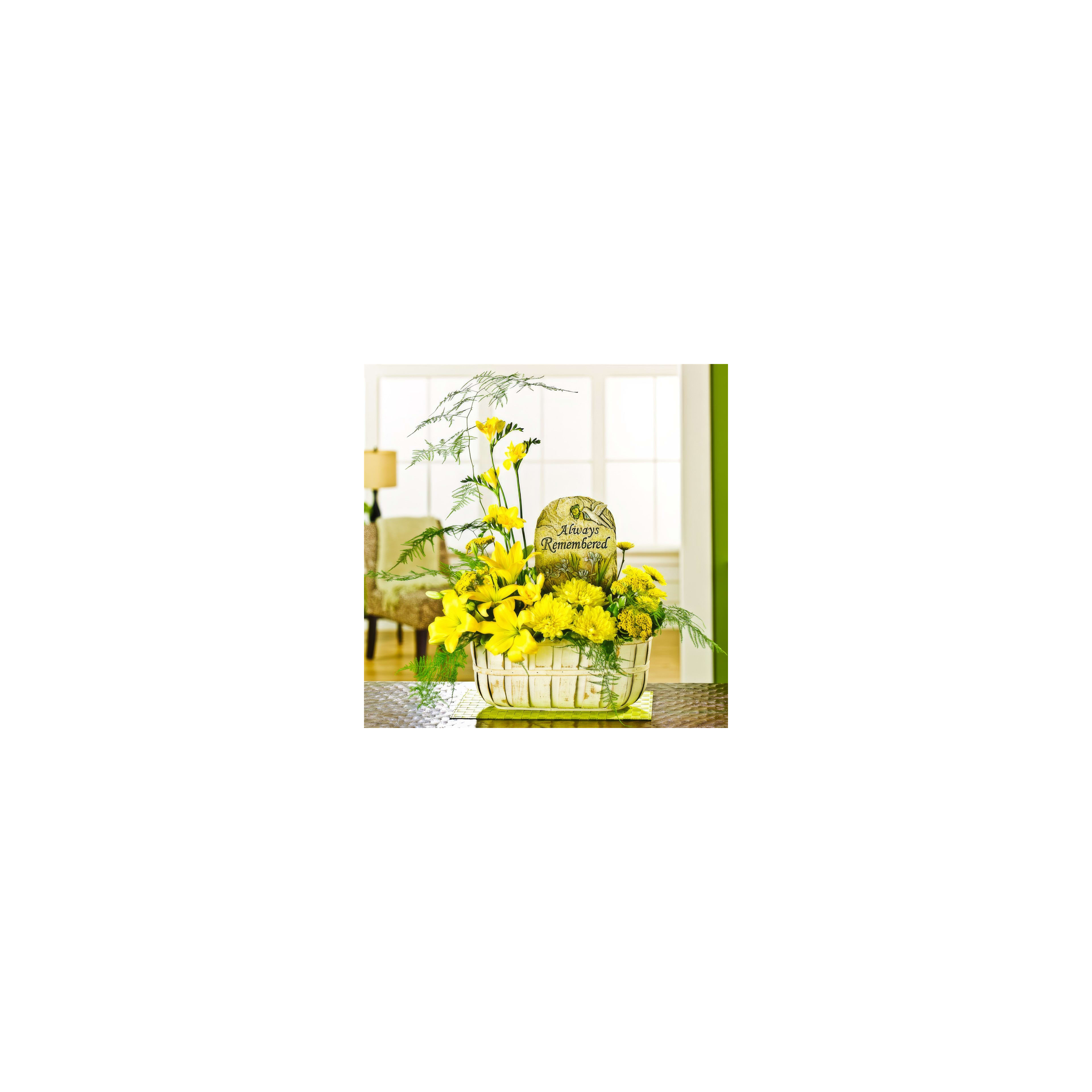 Bright yellow flowers in a decorative basket honor a memory in a cozy living space.