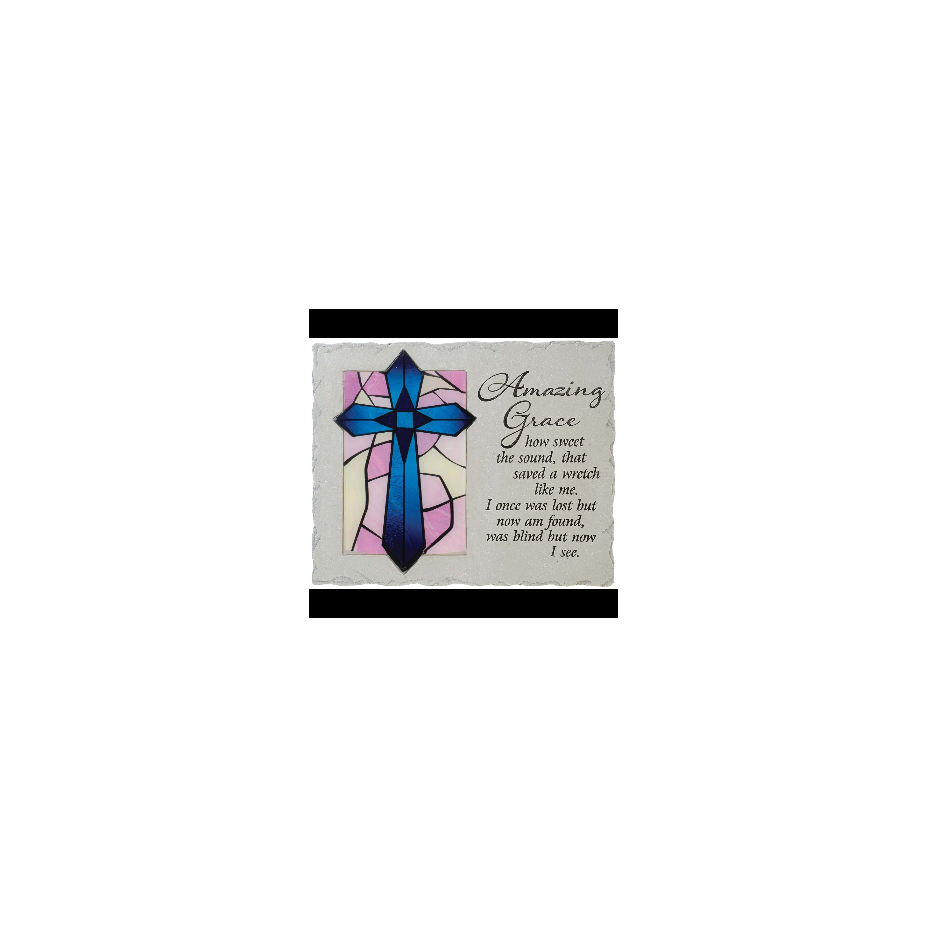 A beautiful stained glass piece displays a blue cross alongside the lyrics from Amazing Grace.