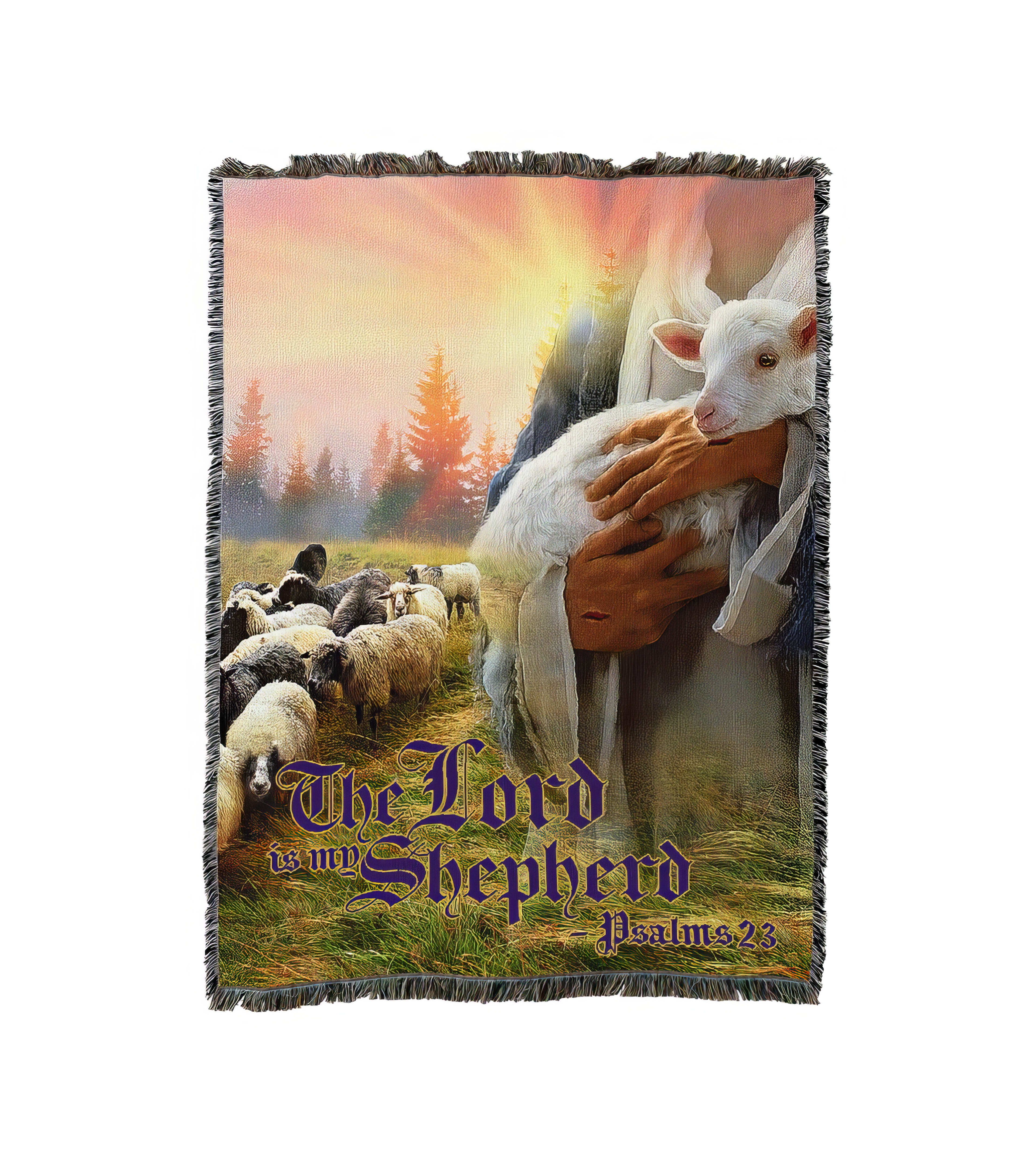 A shepherd gently holds a lamb in a serene landscape at dawn, surrounded by grazing sheep.