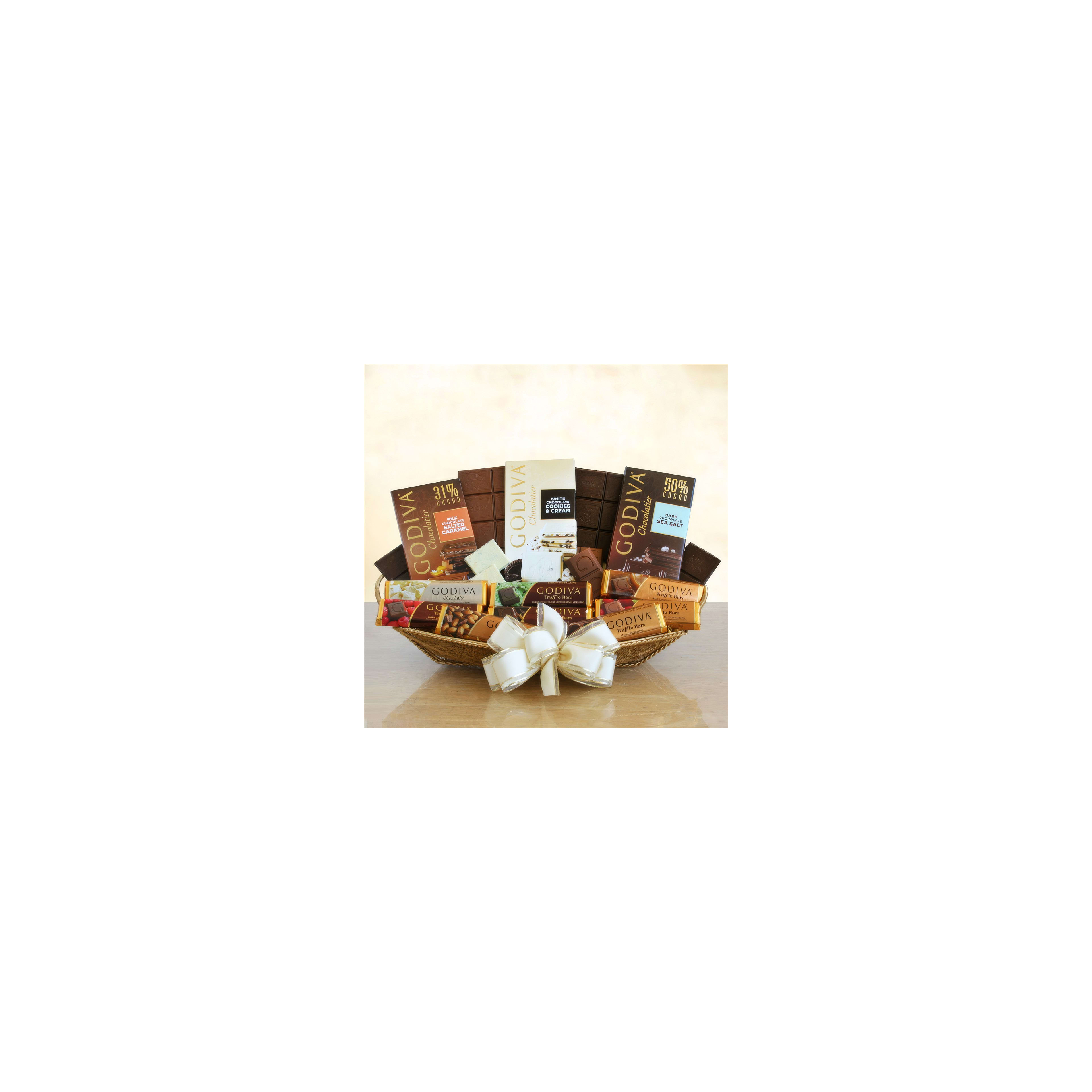 A beautifully arranged basket holds various chocolate bars and treats, perfect for gifting.