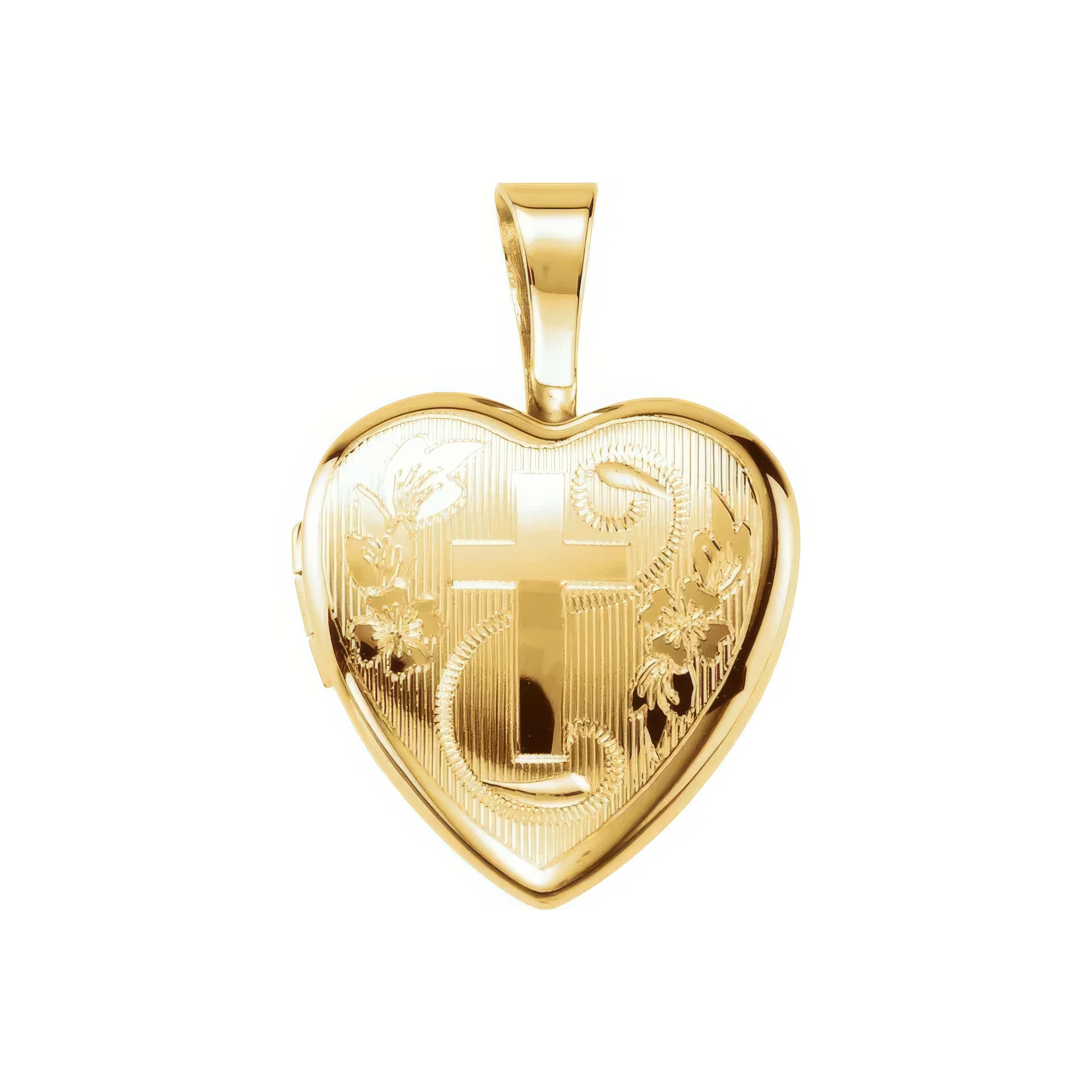 This golden heart locket features an engraved cross, symbolizing deep spiritual significance.