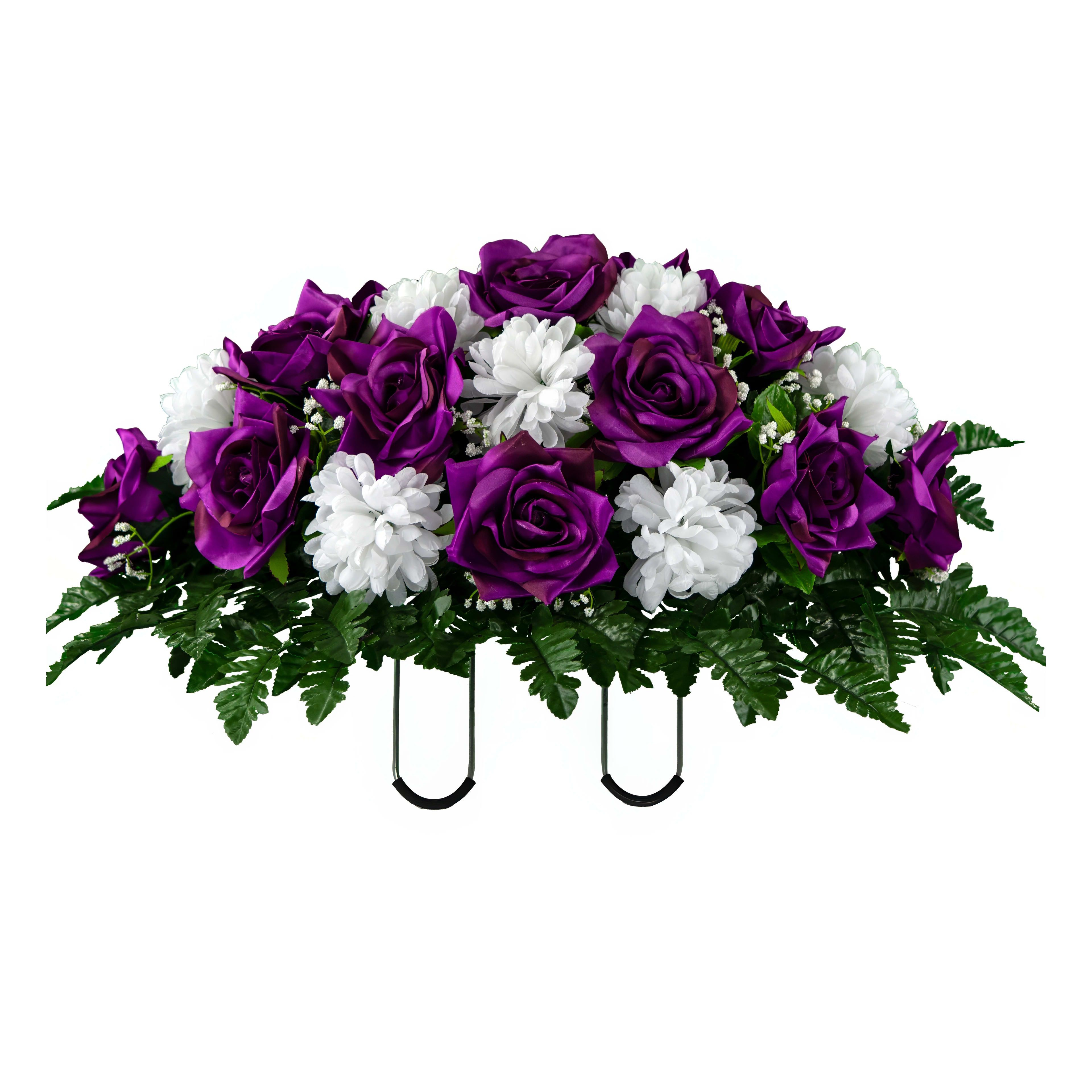 A vibrant mix of purple and white roses with green foliage, ideal for decorating.