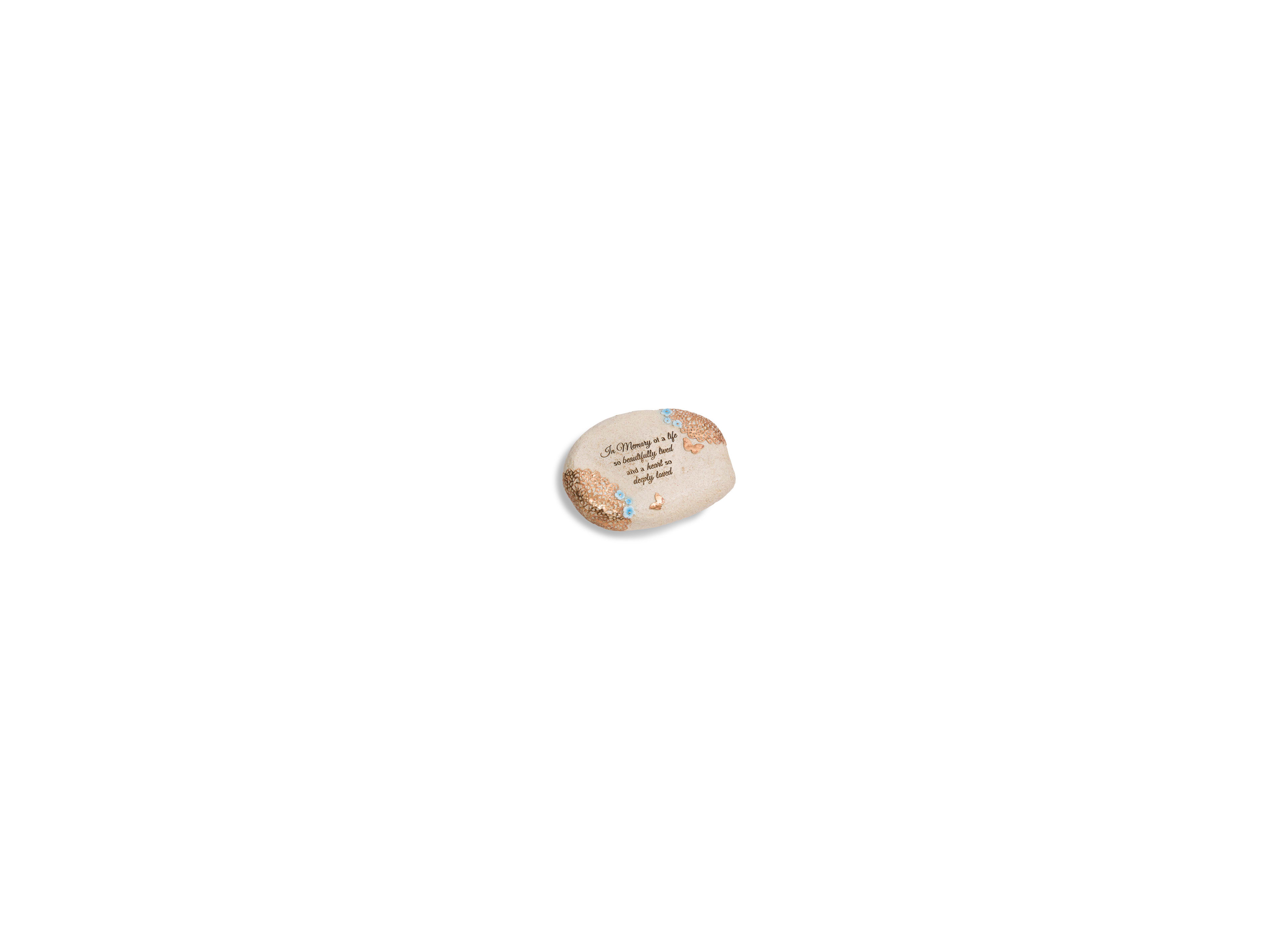 A decorative stone with a heartfelt inscription and floral designs, perfect for memorials.