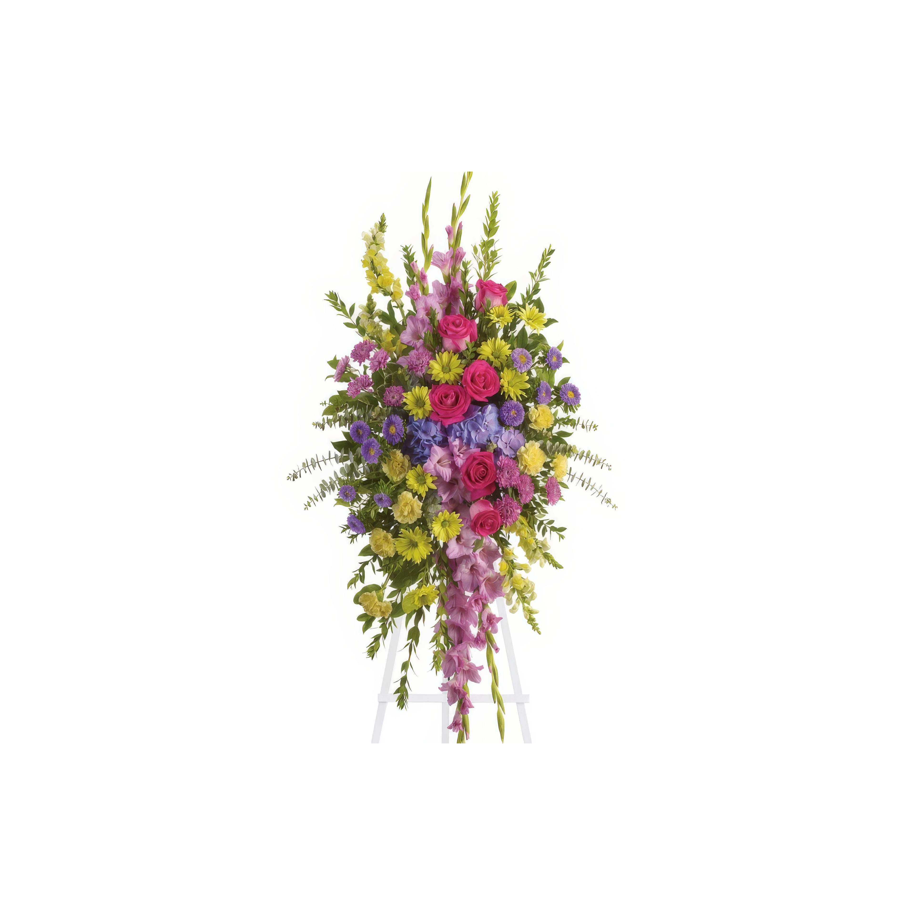 A vibrant mix of roses, lilies, and daisies arranged beautifully on a stand at an event.