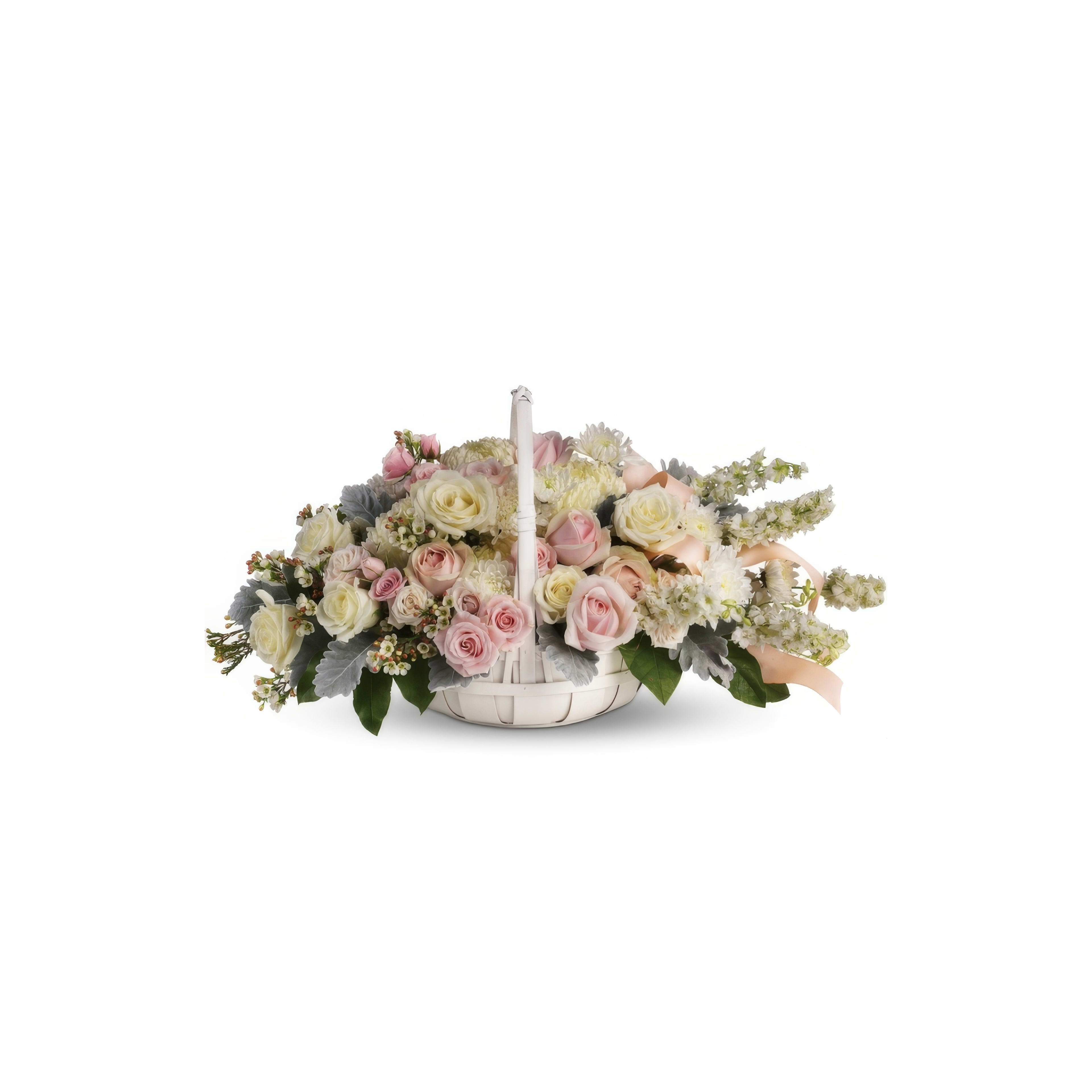 A stunning basket filled with pink roses and white flowers, perfect for any occasion.