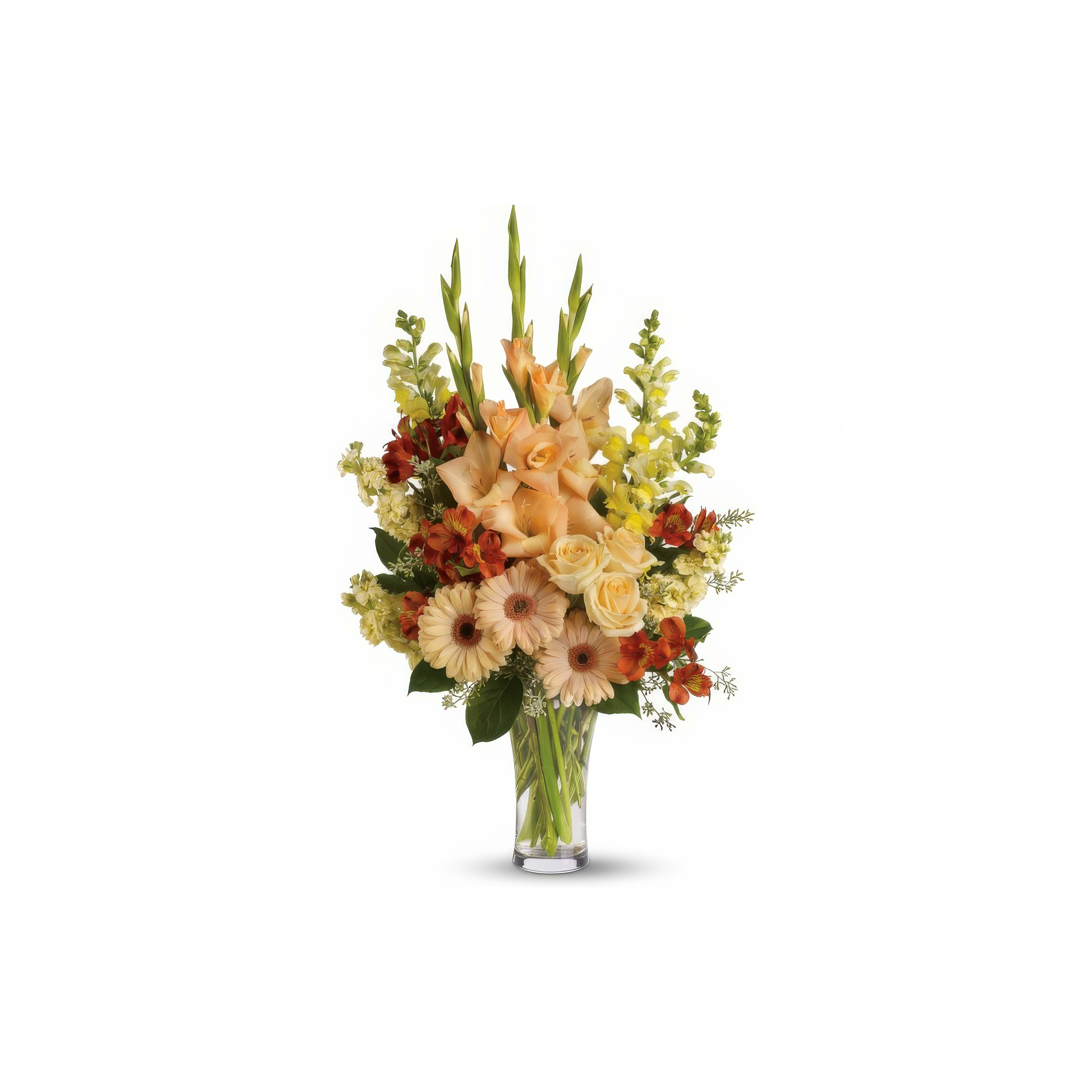 A stunning assortment of flowers in bright colors fills a clear vase, perfect for celebrations.