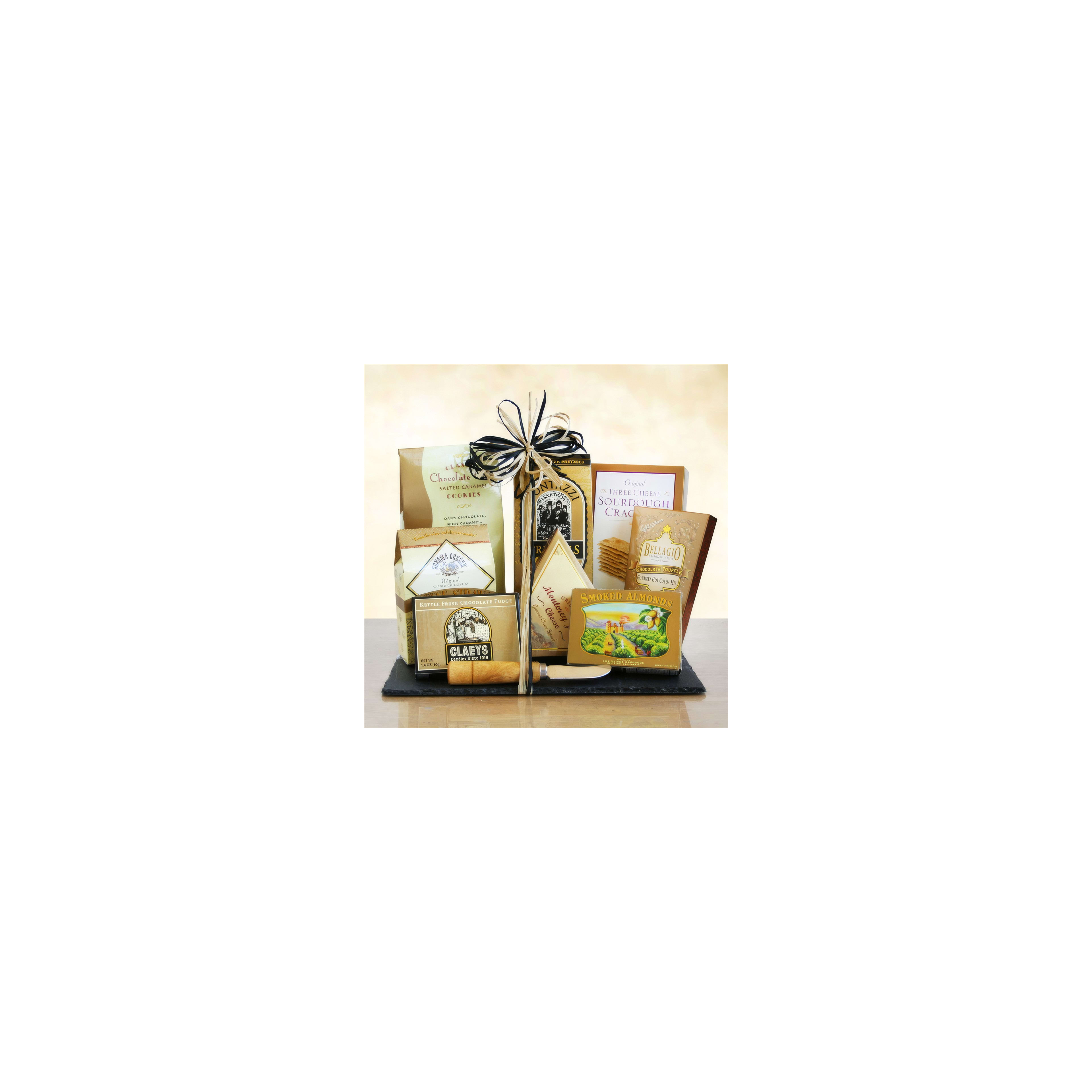 A beautifully arranged gift basket with a variety of gourmet snacks, perfect for celebrations.