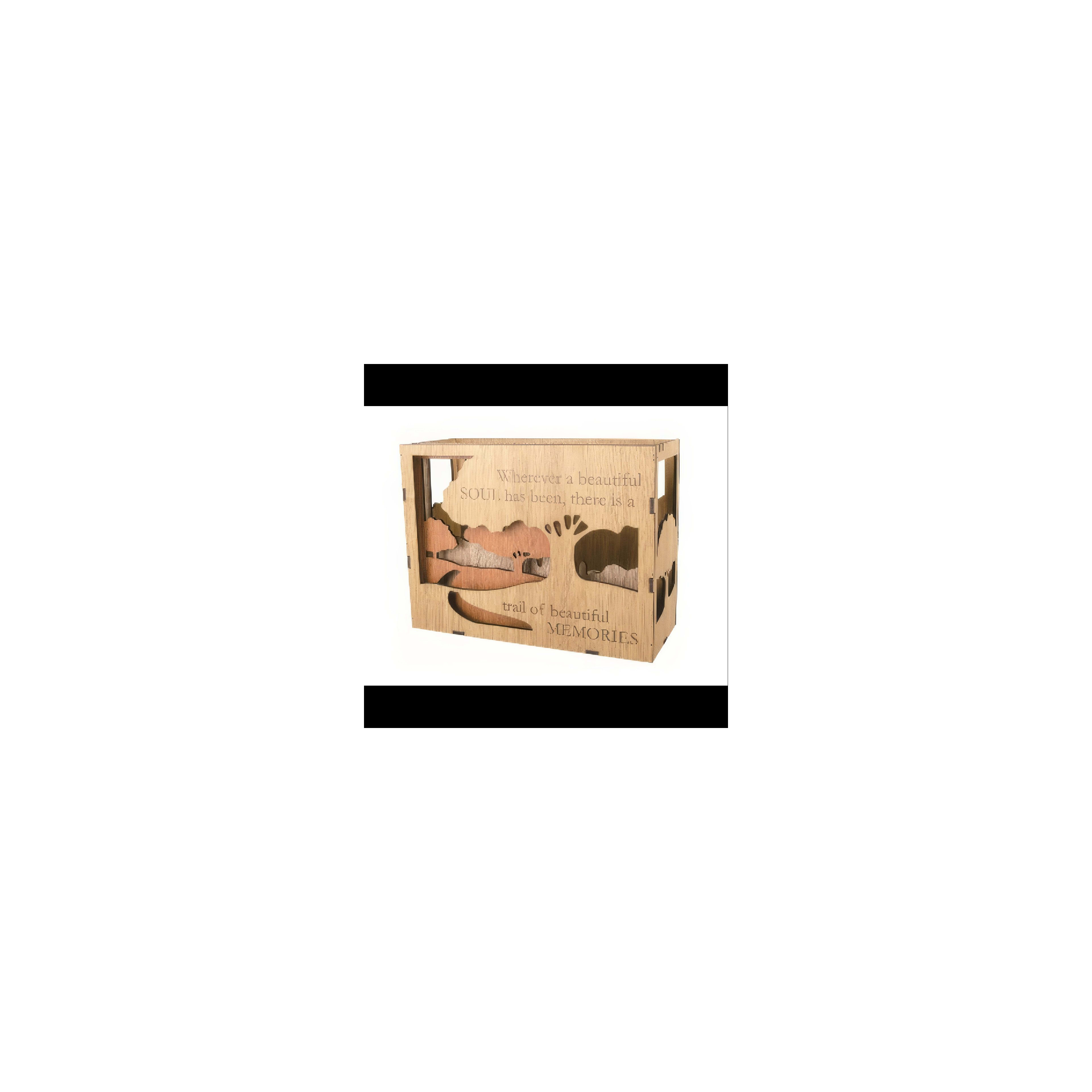Wooden box features an intricate design and engraved words honoring beautiful memories.