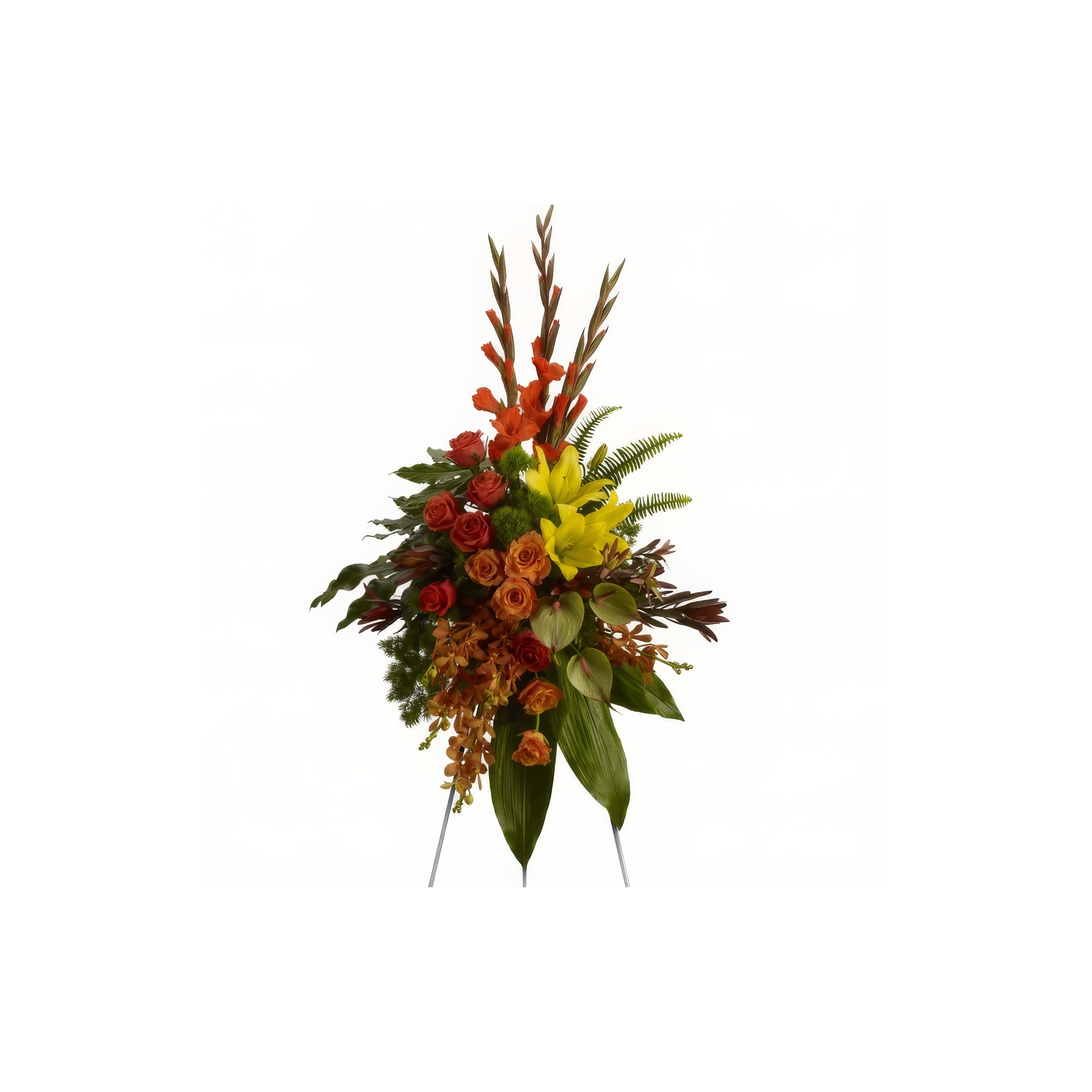 A vibrant floral display featuring roses, orchids, and greenery, perfect for celebrating an event.