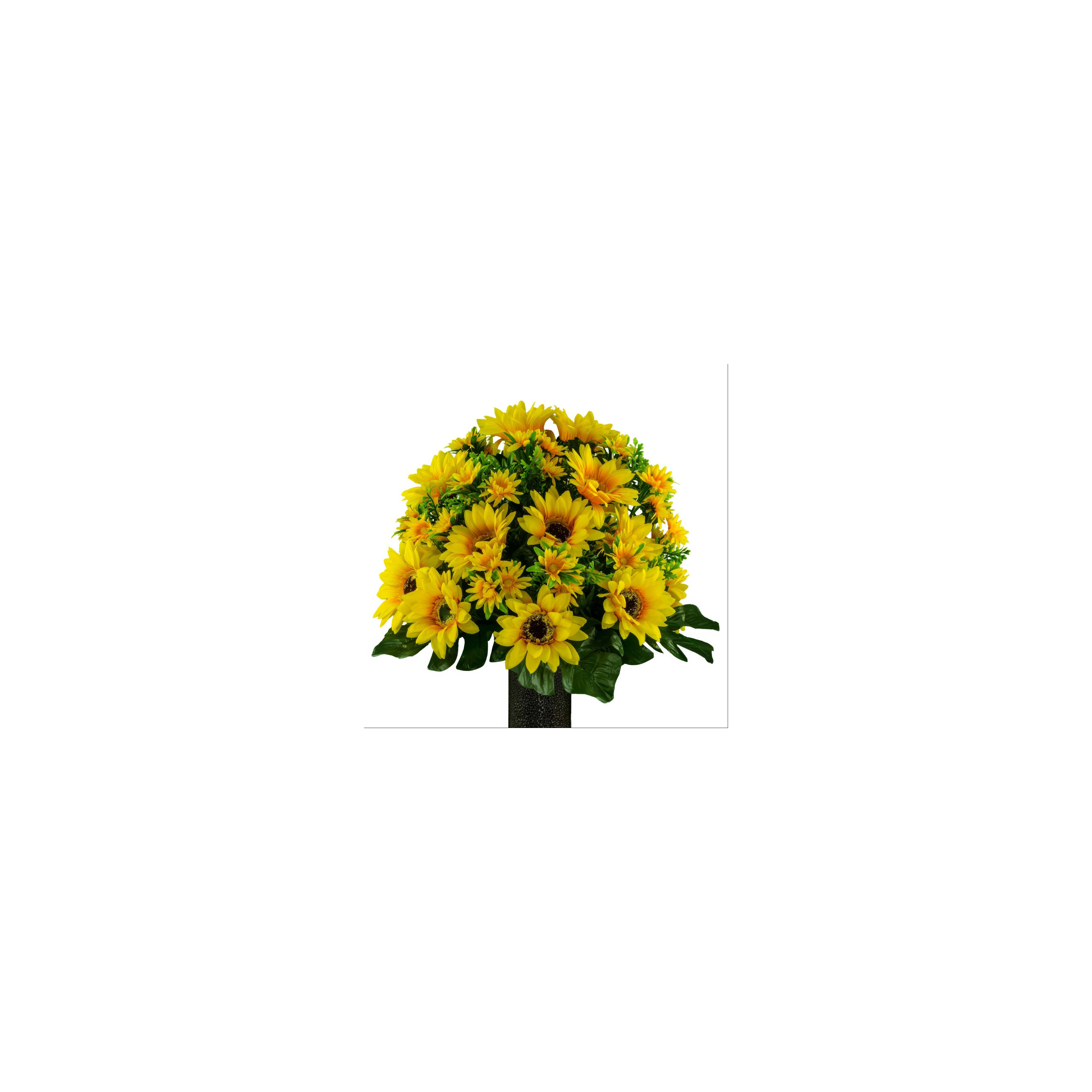 A vibrant bouquet filled with yellow sunflowers and greenery enhances the setting beautifully.