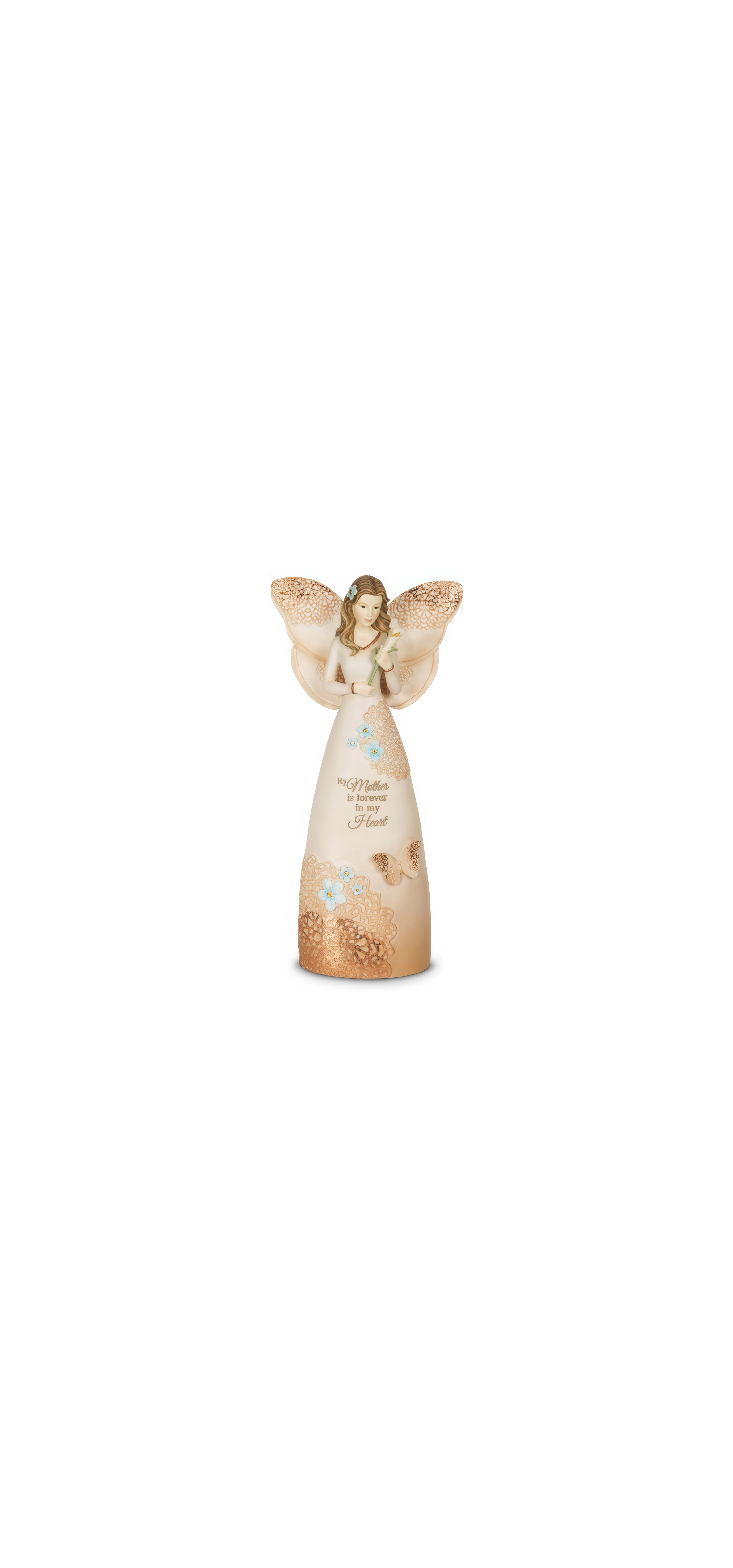 An elegant angel figurine with intricate designs and a flower, symbolizing love and memory.