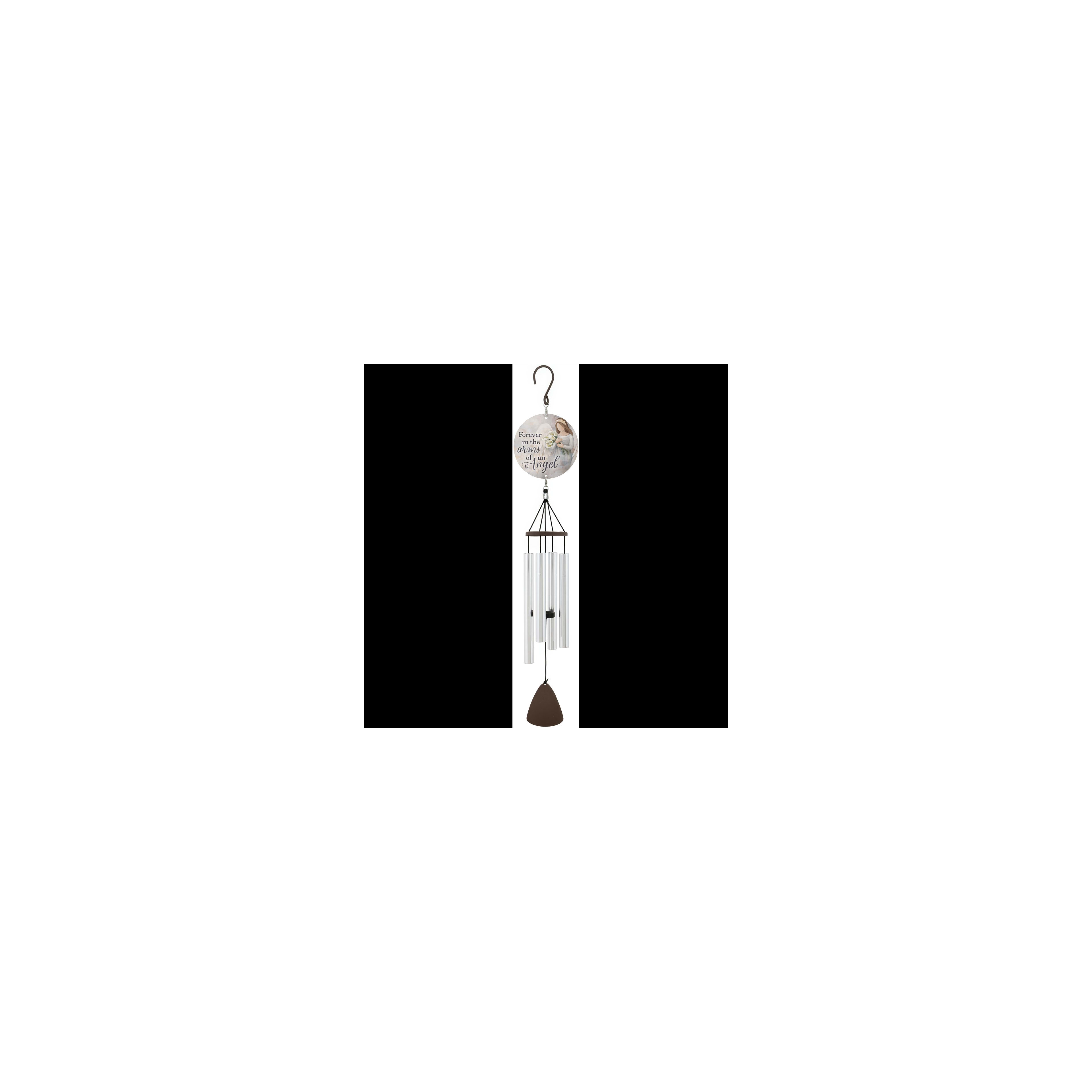 A wind chime featuring an angel design sways gently in a sunny garden.