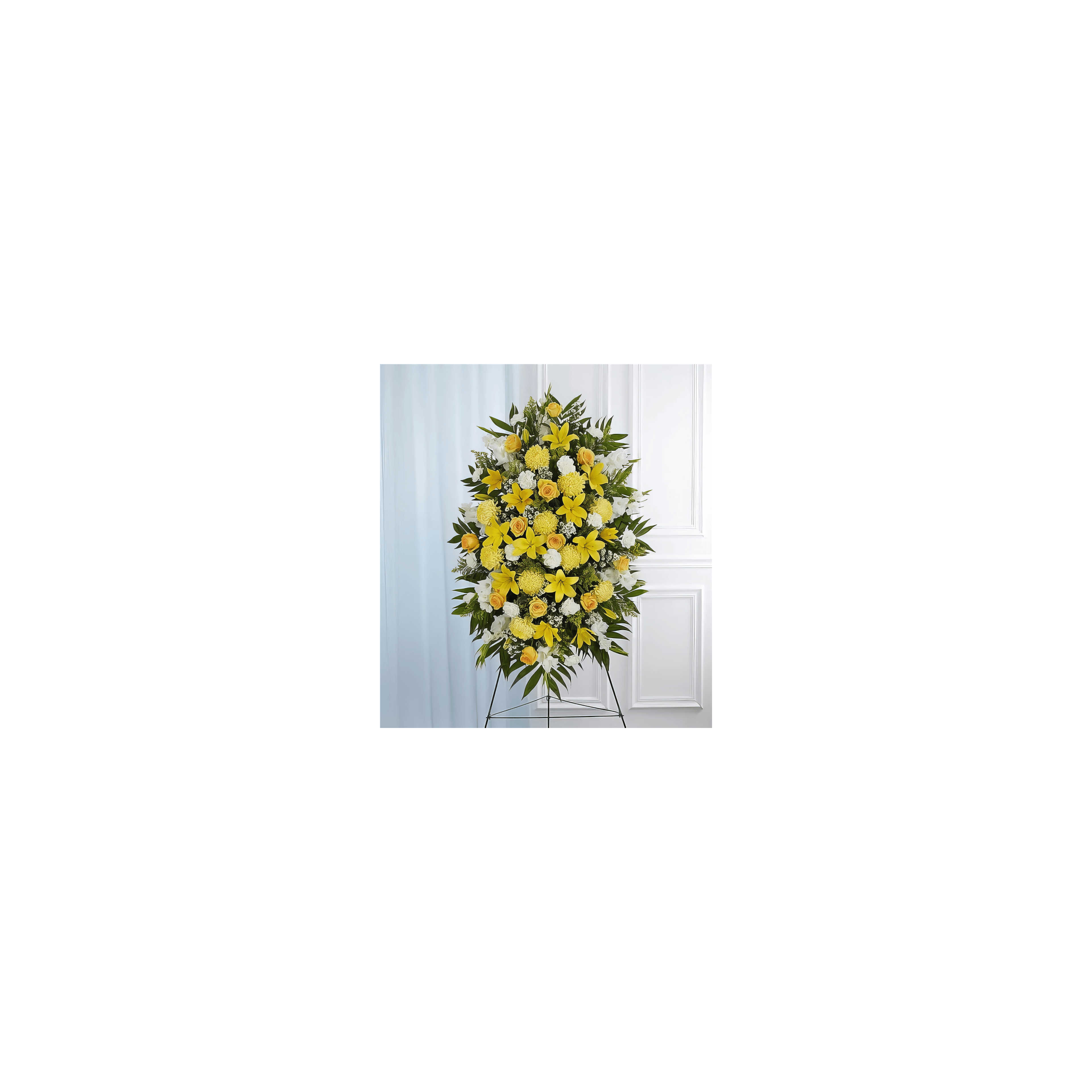 A large arrangement of yellow and white flowers showcases roses and lilies in a refined space.