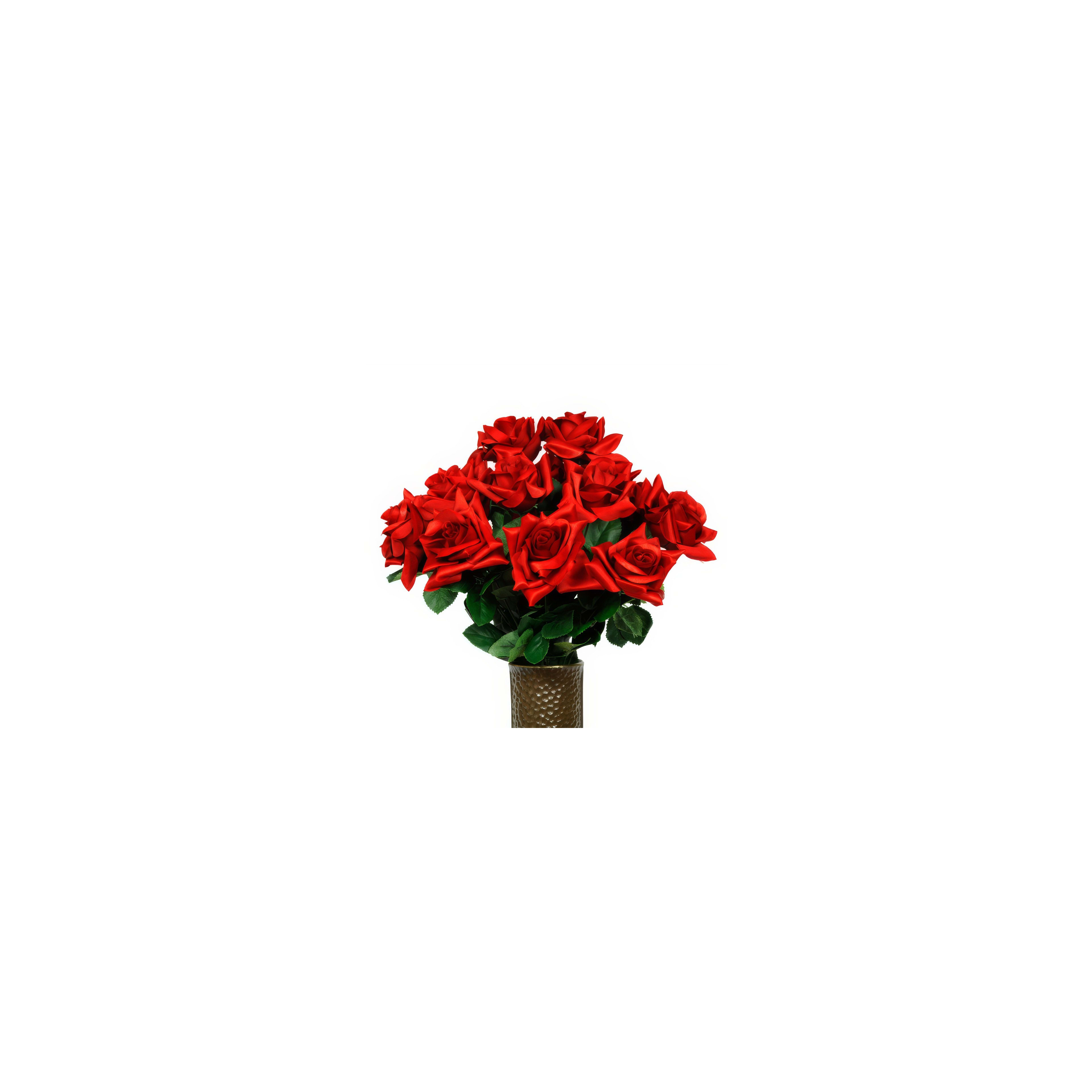 A vibrant arrangement of red roses sits elegantly in a stylish vase, perfect for decoration.