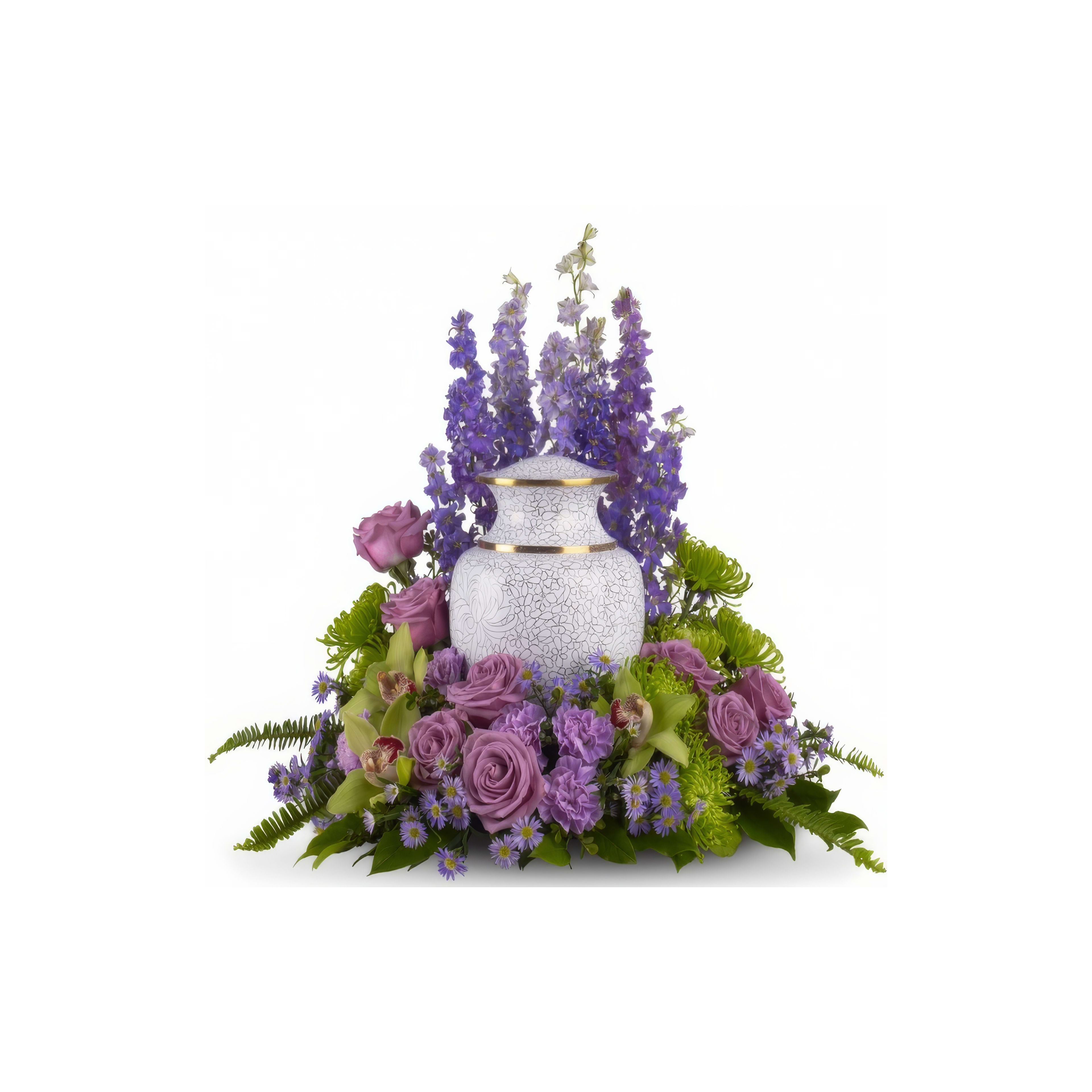 A decorative urn is encircled by vibrant purple and pink flowers, making a bold display.