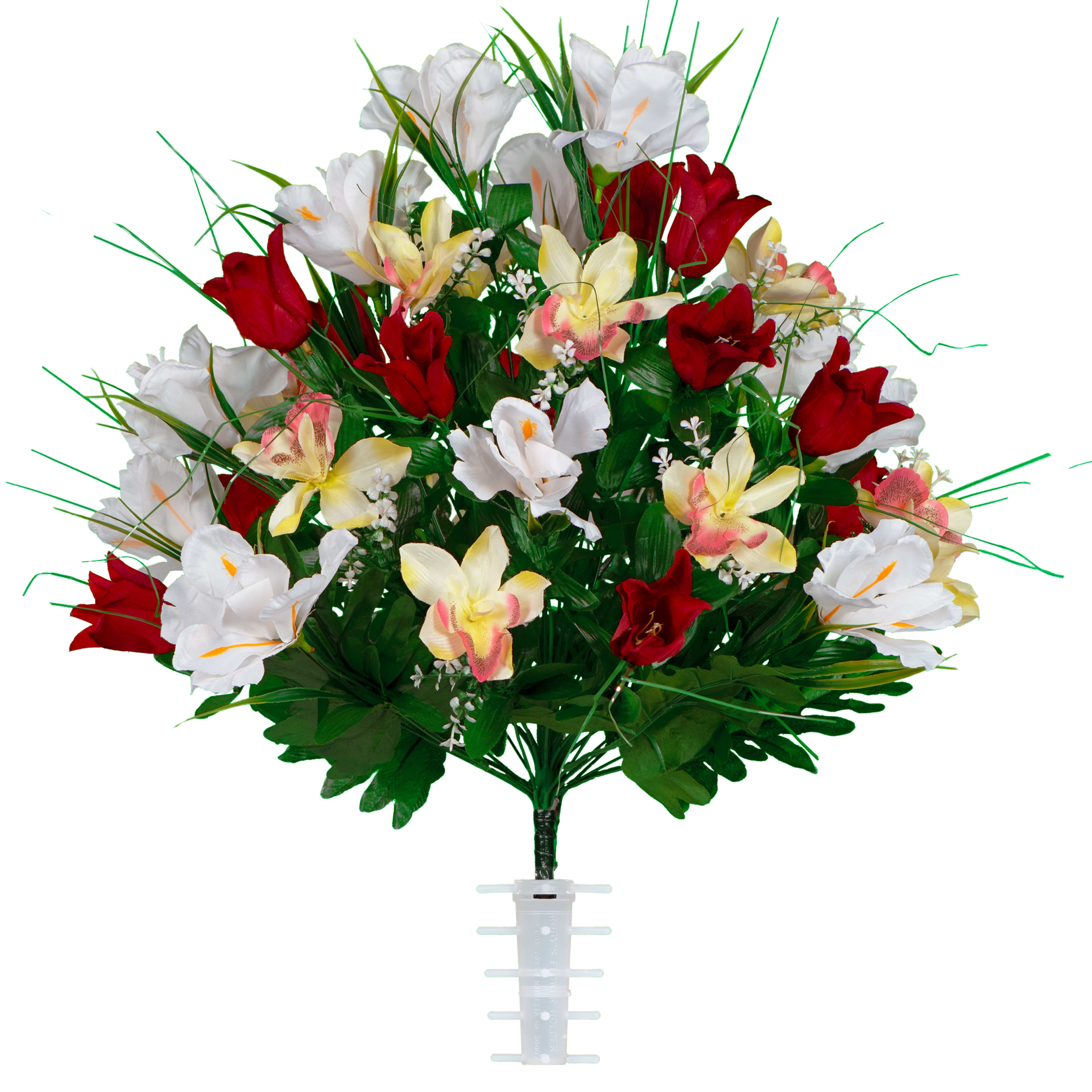 A colorful bouquet featuring red, white, and yellow flowers adds charm to any space.
