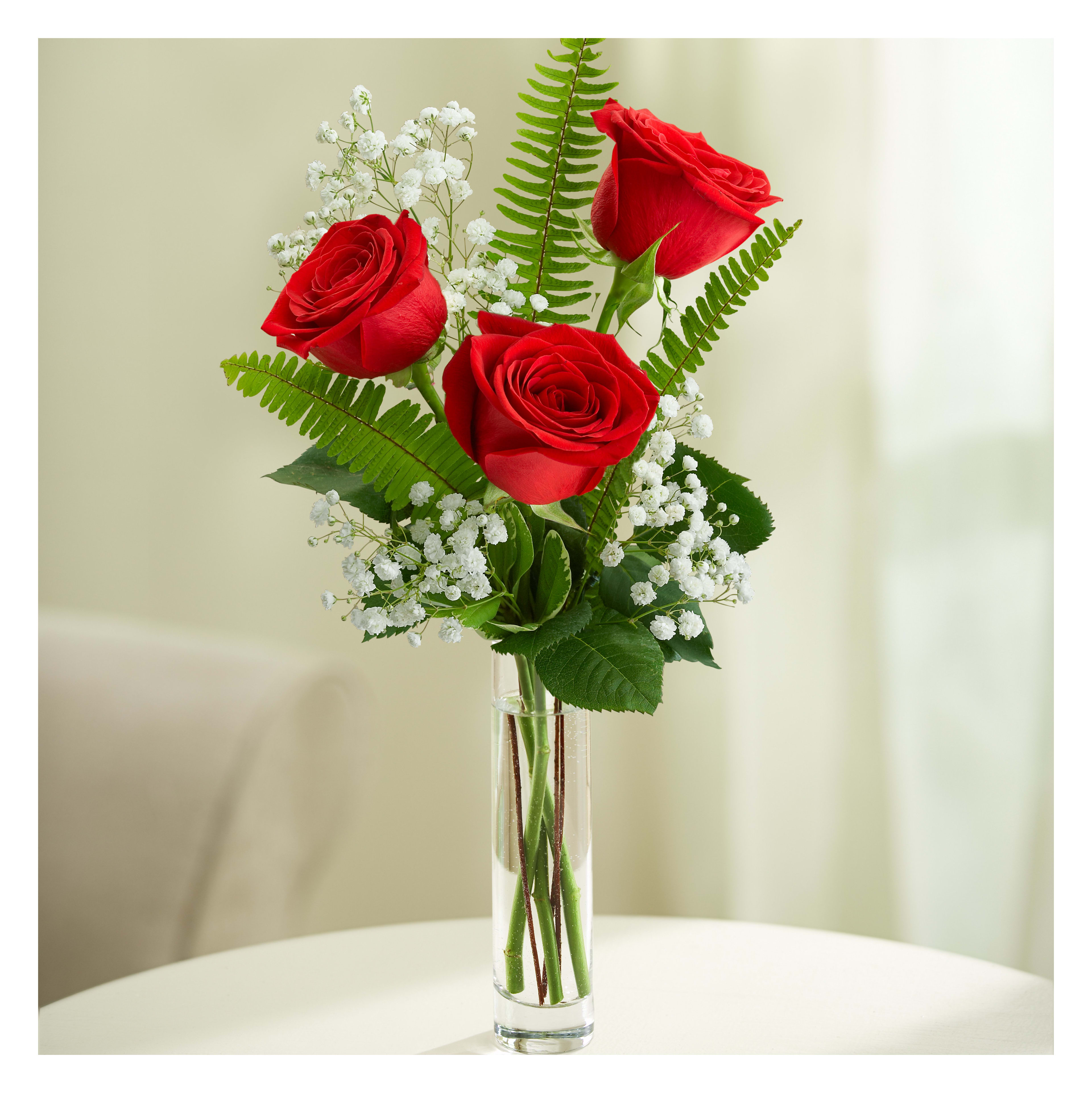 Bright red roses arranged with delicate ferns create a vibrant display on a table.