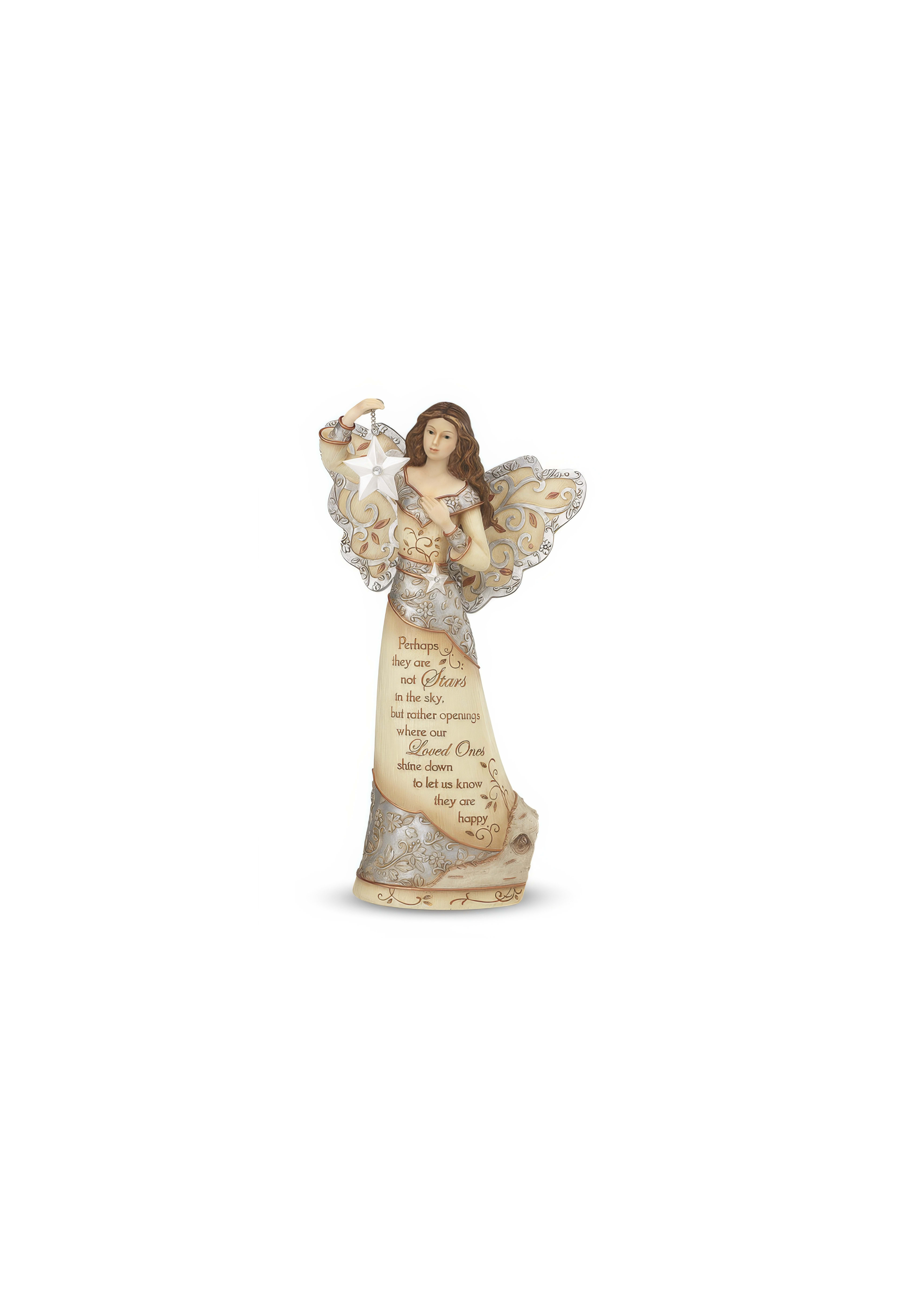 Angel figurine expresses warmth with a star and a touching message about remembering loved ones.