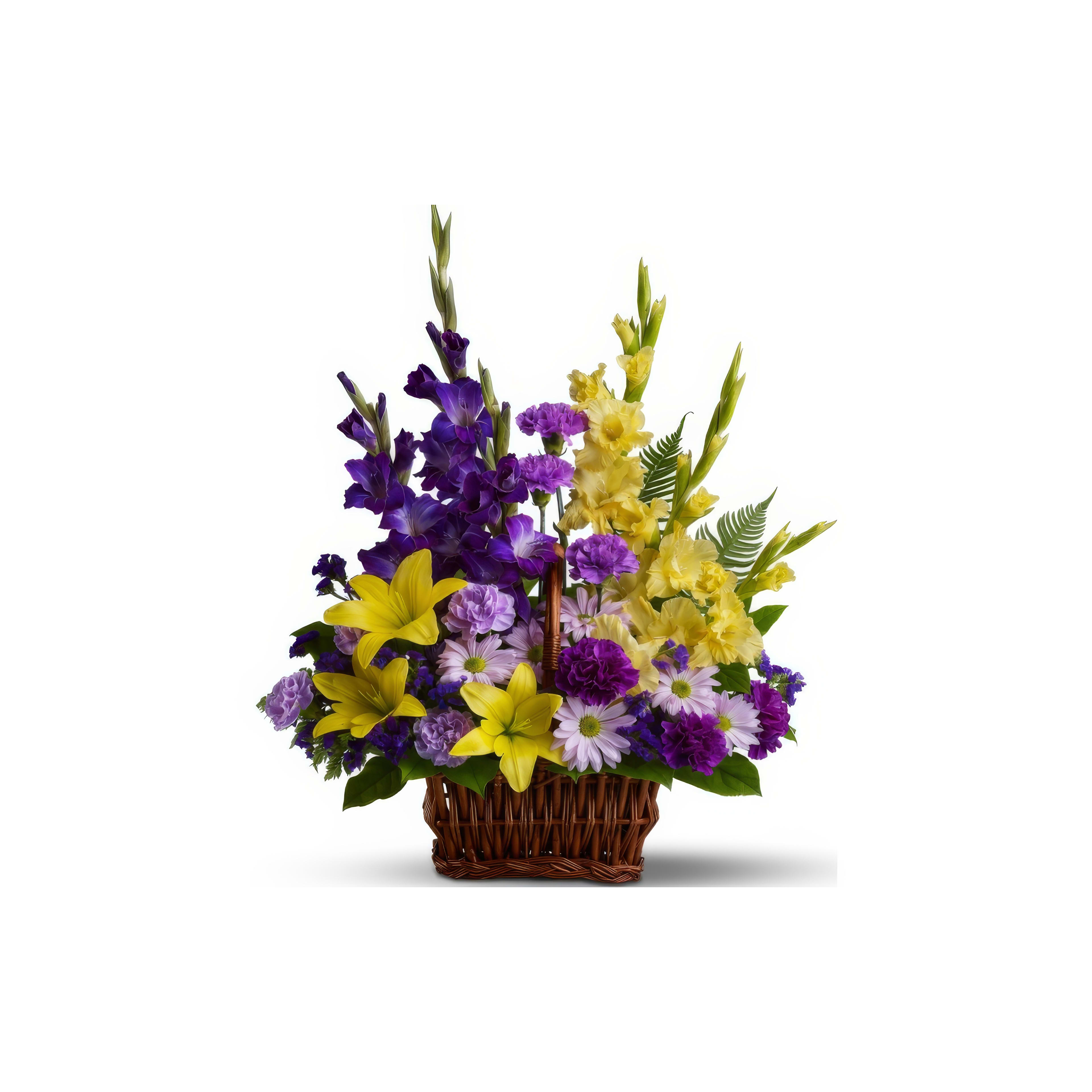 Bright and vibrant flower arrangement filled with lilies, daisies, and gladiolus in a basket.
