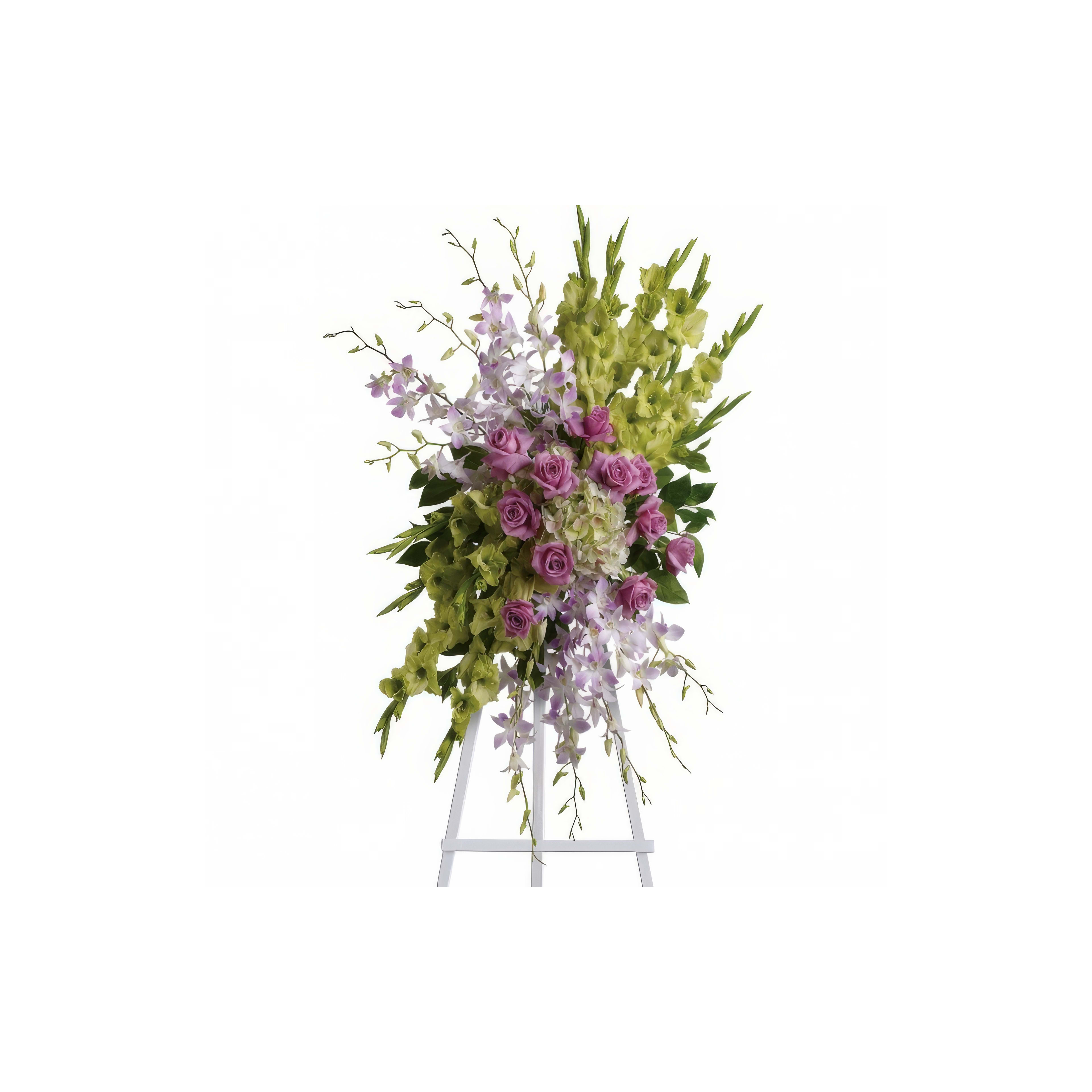 Floral arrangement showcases vibrant purple roses and green orchids elegantly arranged on a stand.
