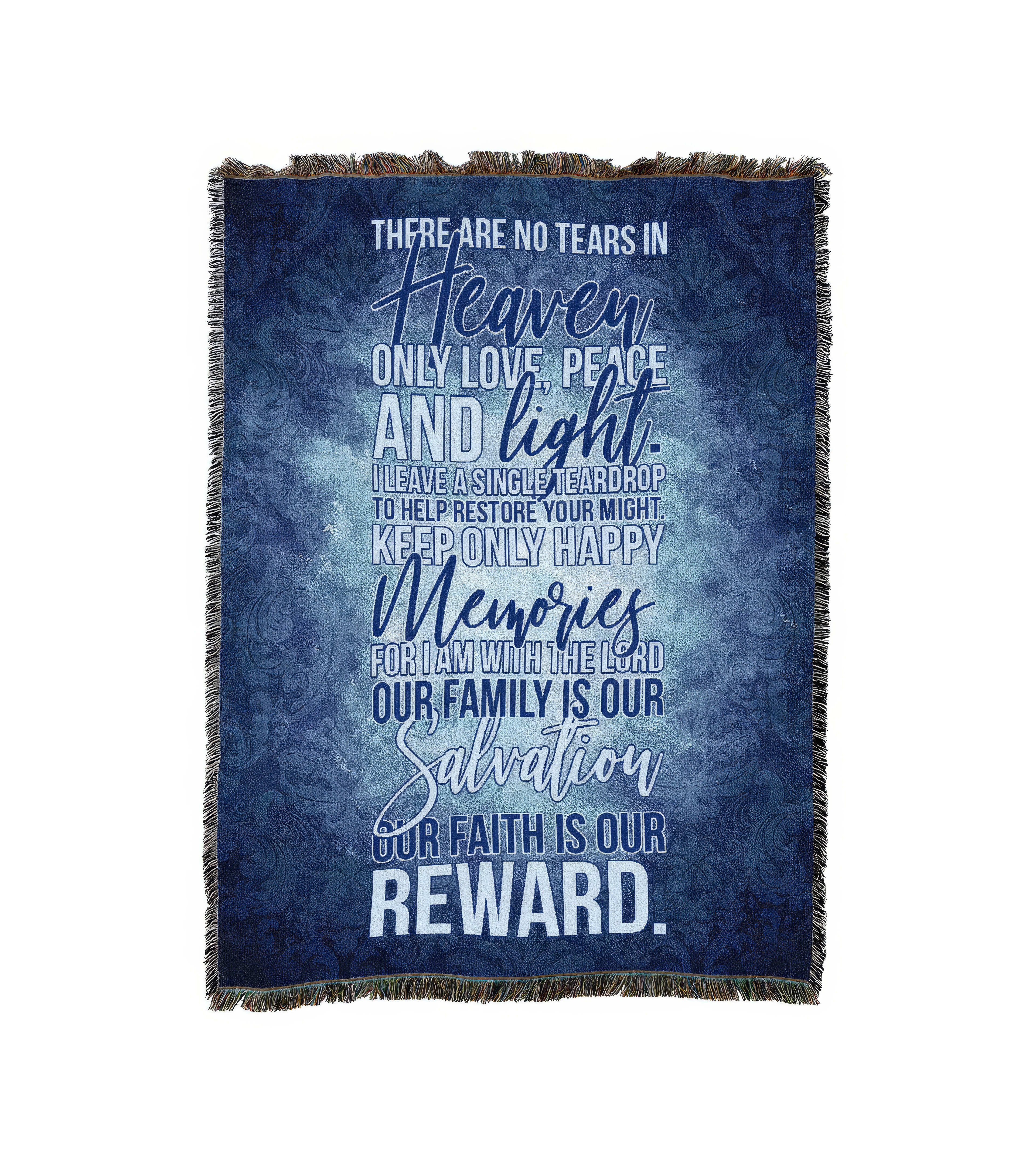 Cozy throw blanket featuring a heartfelt message about love, faith, and family in striking blue.
