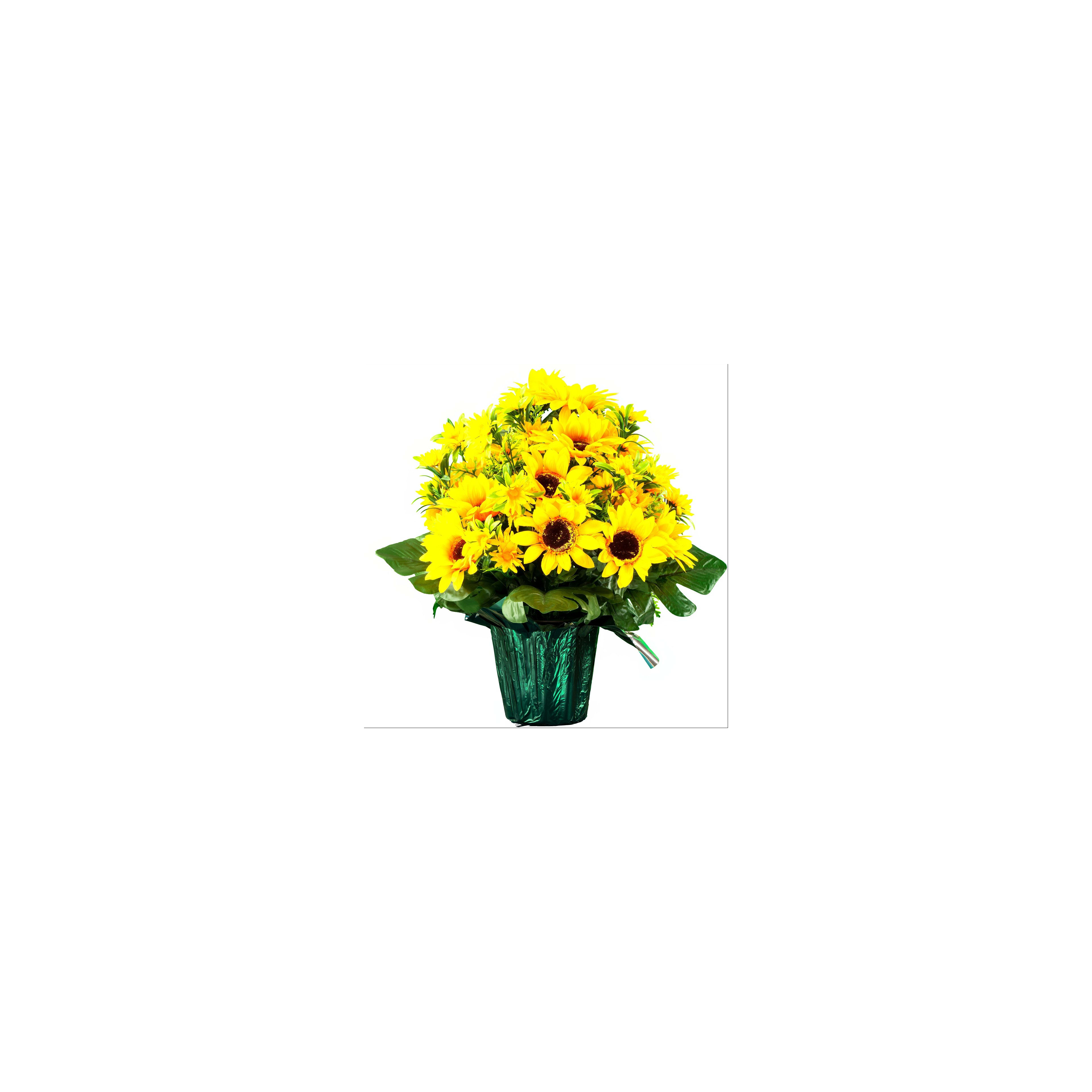 Vibrant sunflowers arranged beautifully in a green pot create a cheerful atmosphere.