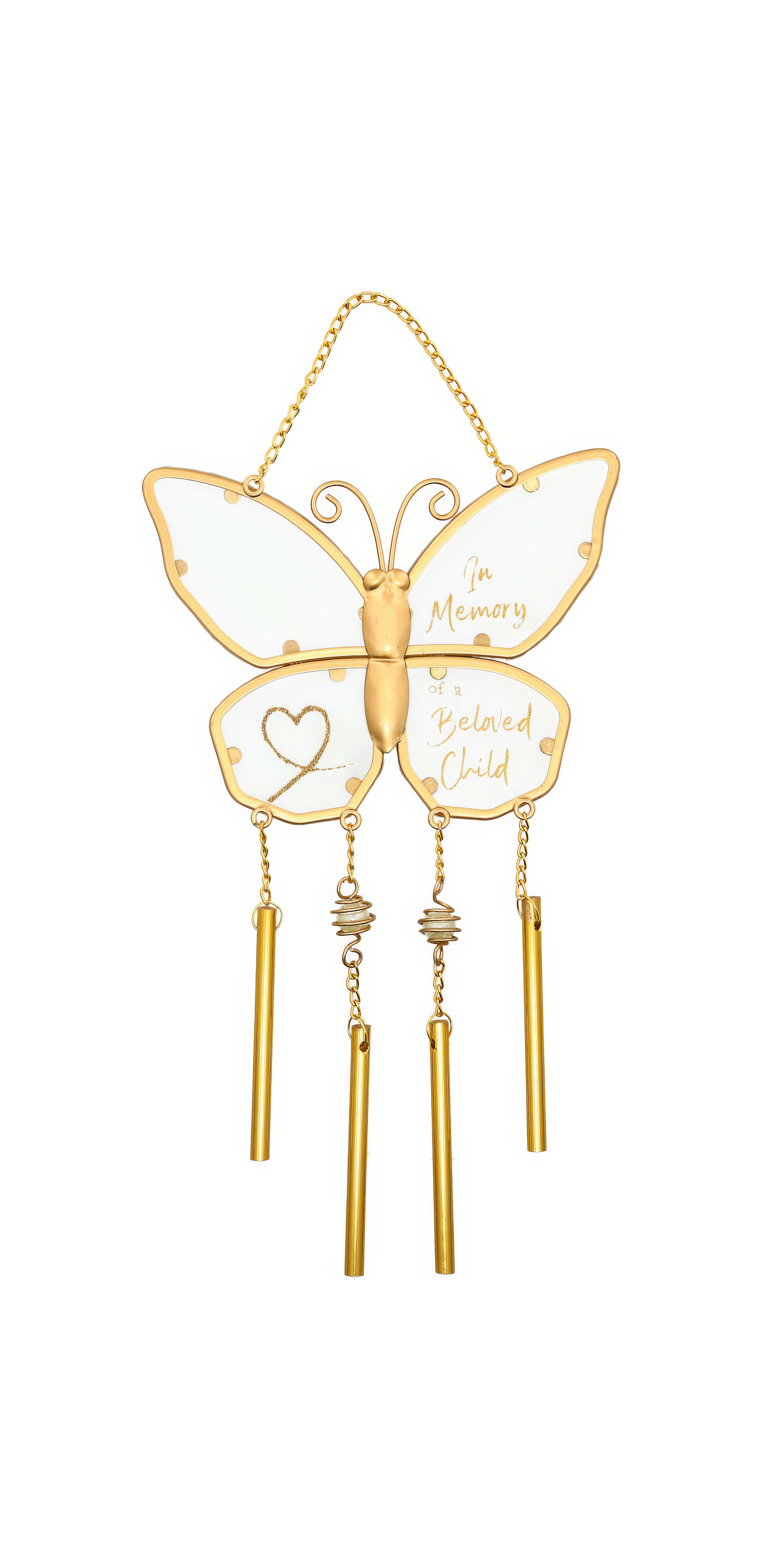 A decorative butterfly wind chime hangs elegantly, symbolizing remembrance with soft gold tones.
