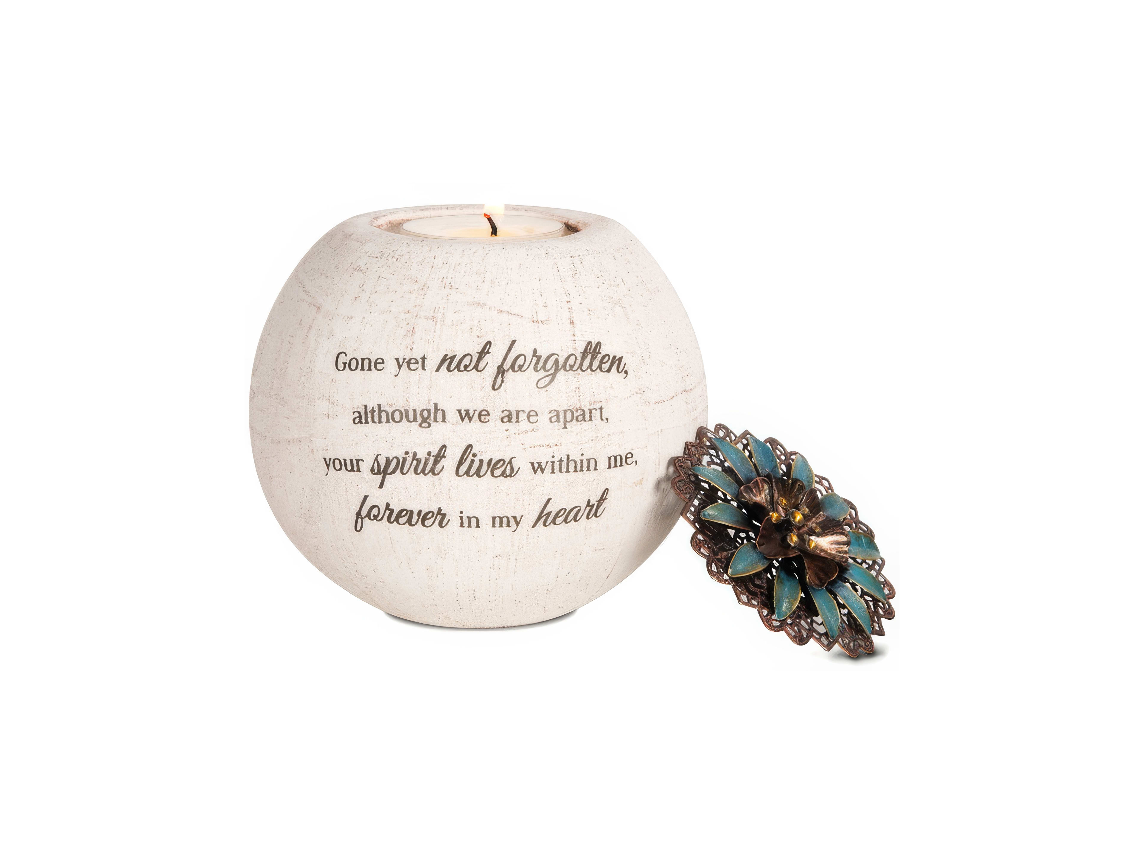 This decorative candle holder features a touching message about love and remembrance.