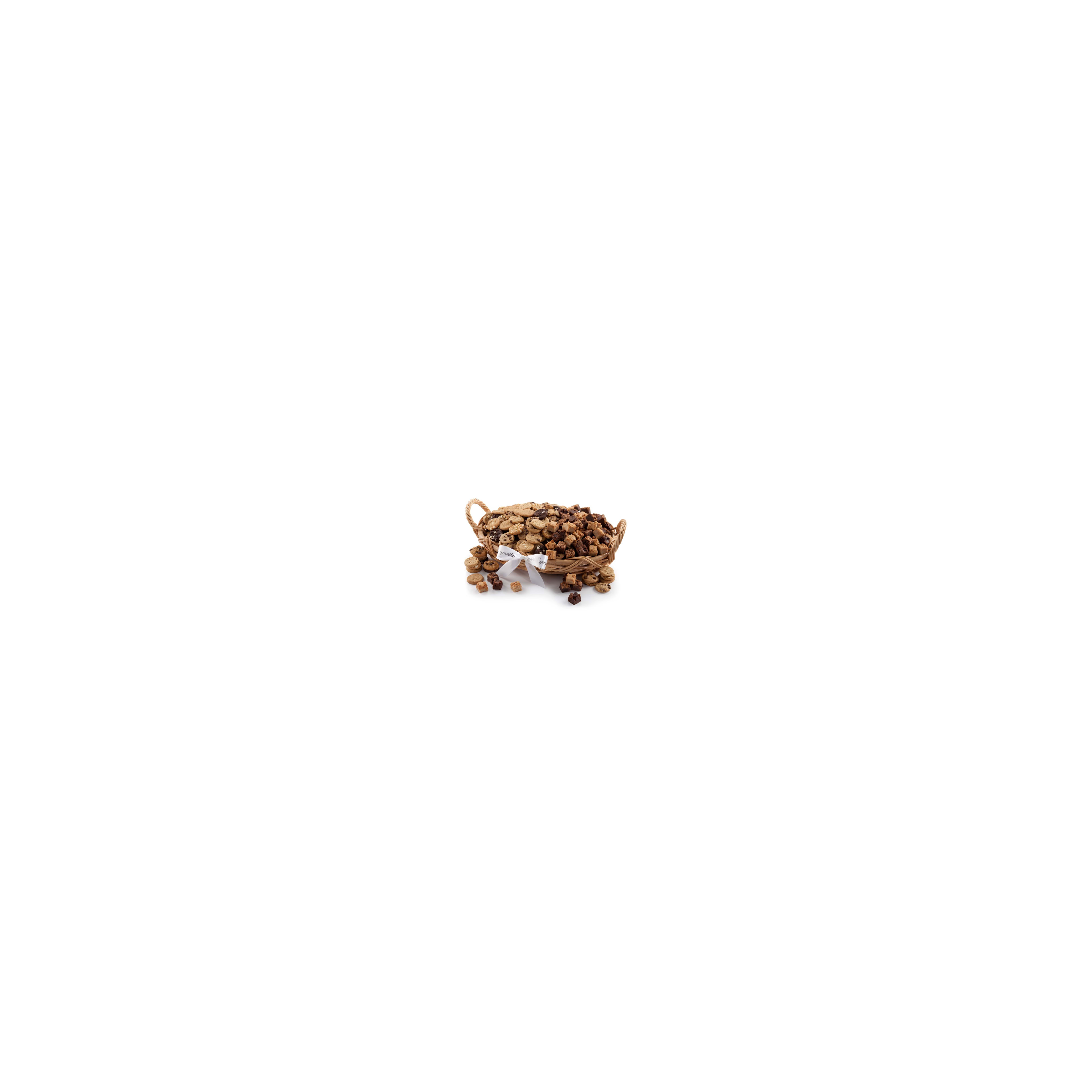 A woven basket is filled with a variety of cookies, showcasing different textures and flavors.