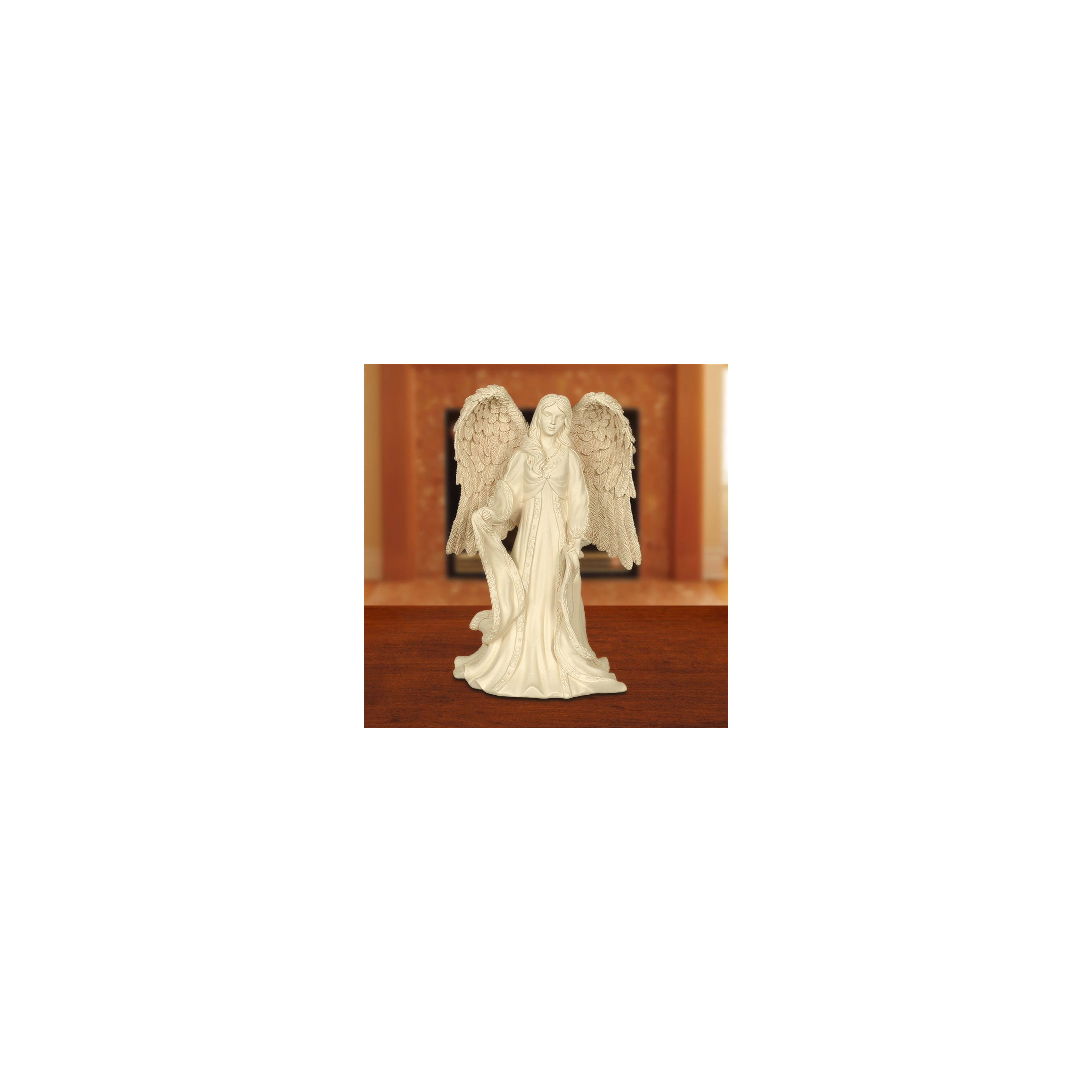 A beautifully crafted angel statue with detailed wings stands in a warm, inviting room.