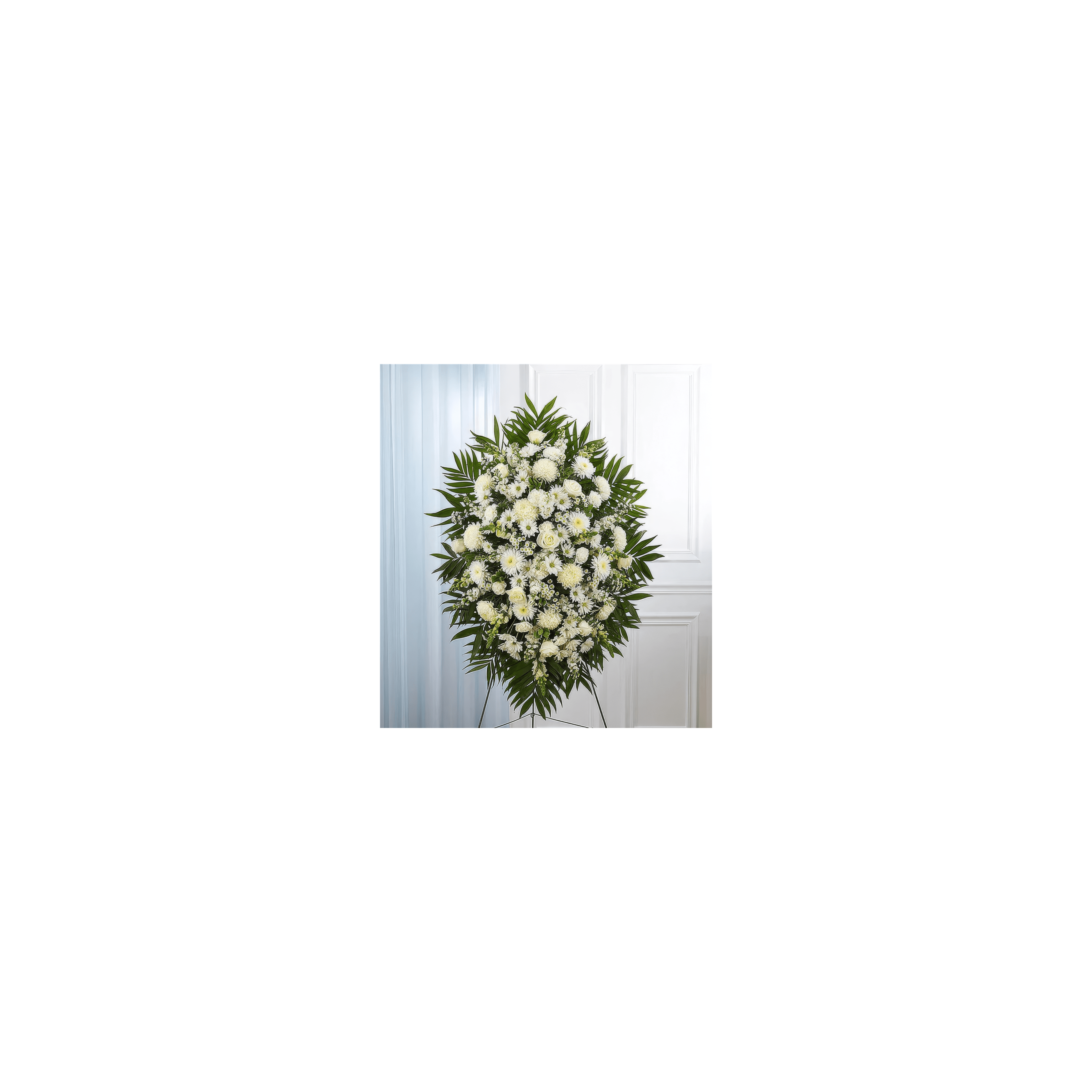 A luxurious arrangement of white flowers on a stand, showcasing beauty in a bright space.