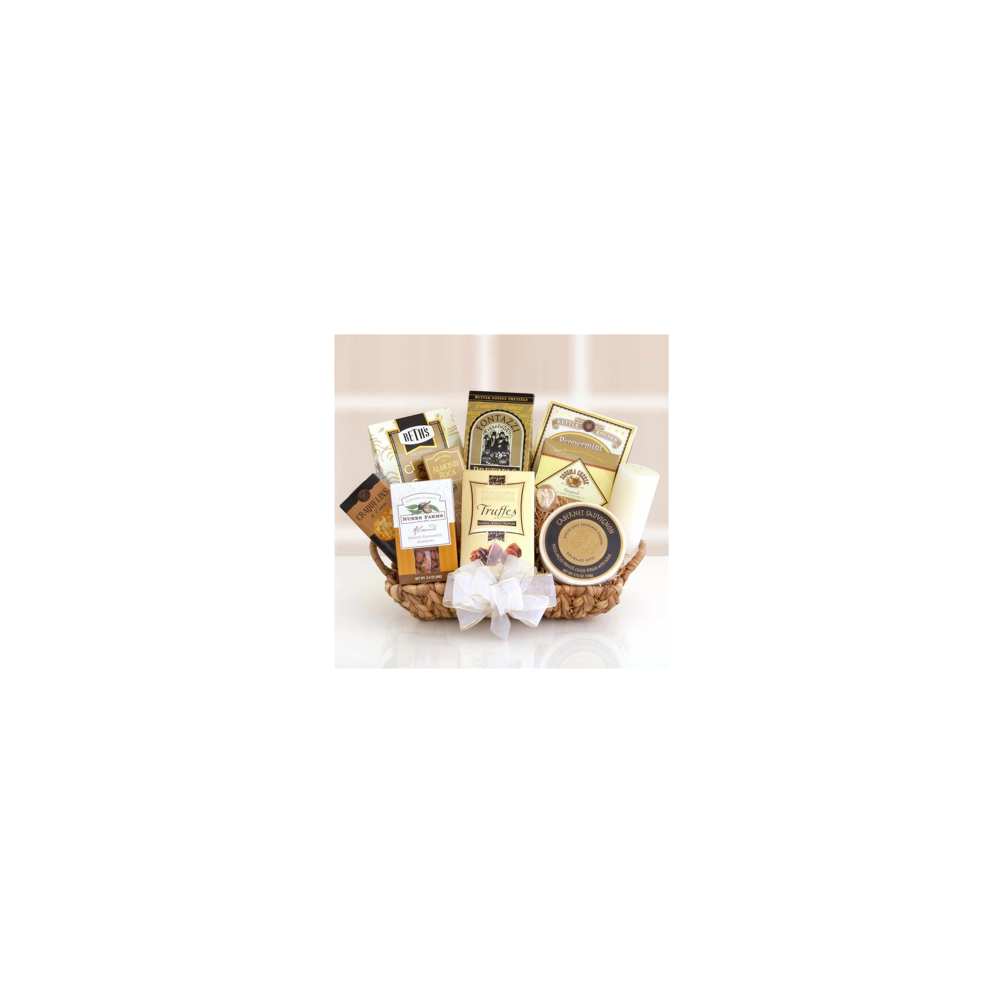A lovely basket filled with gourmet chocolates and treats, ideal for gifting.