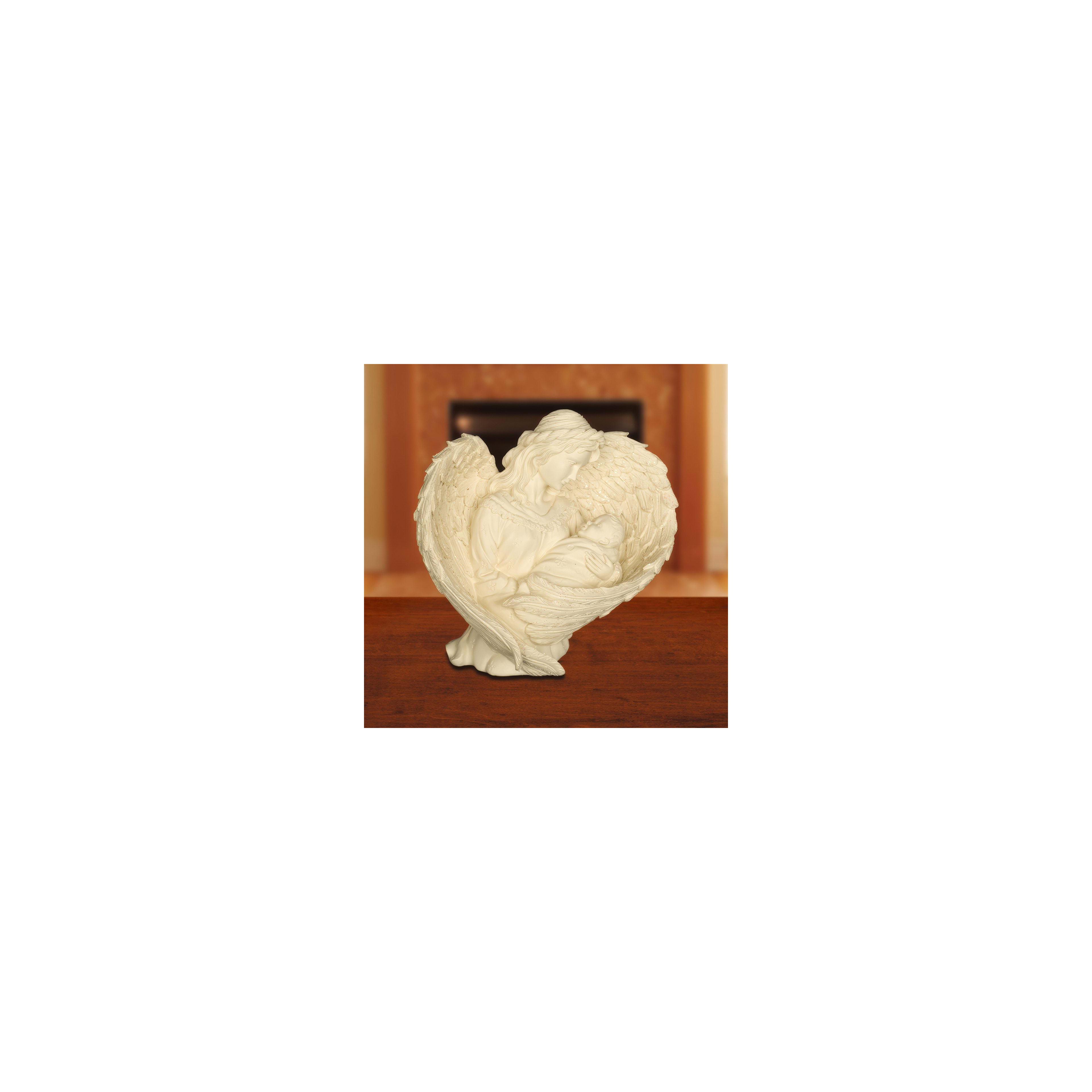 A delicate sculpture features an angel lovingly holding a baby, symbolizing protection and love.