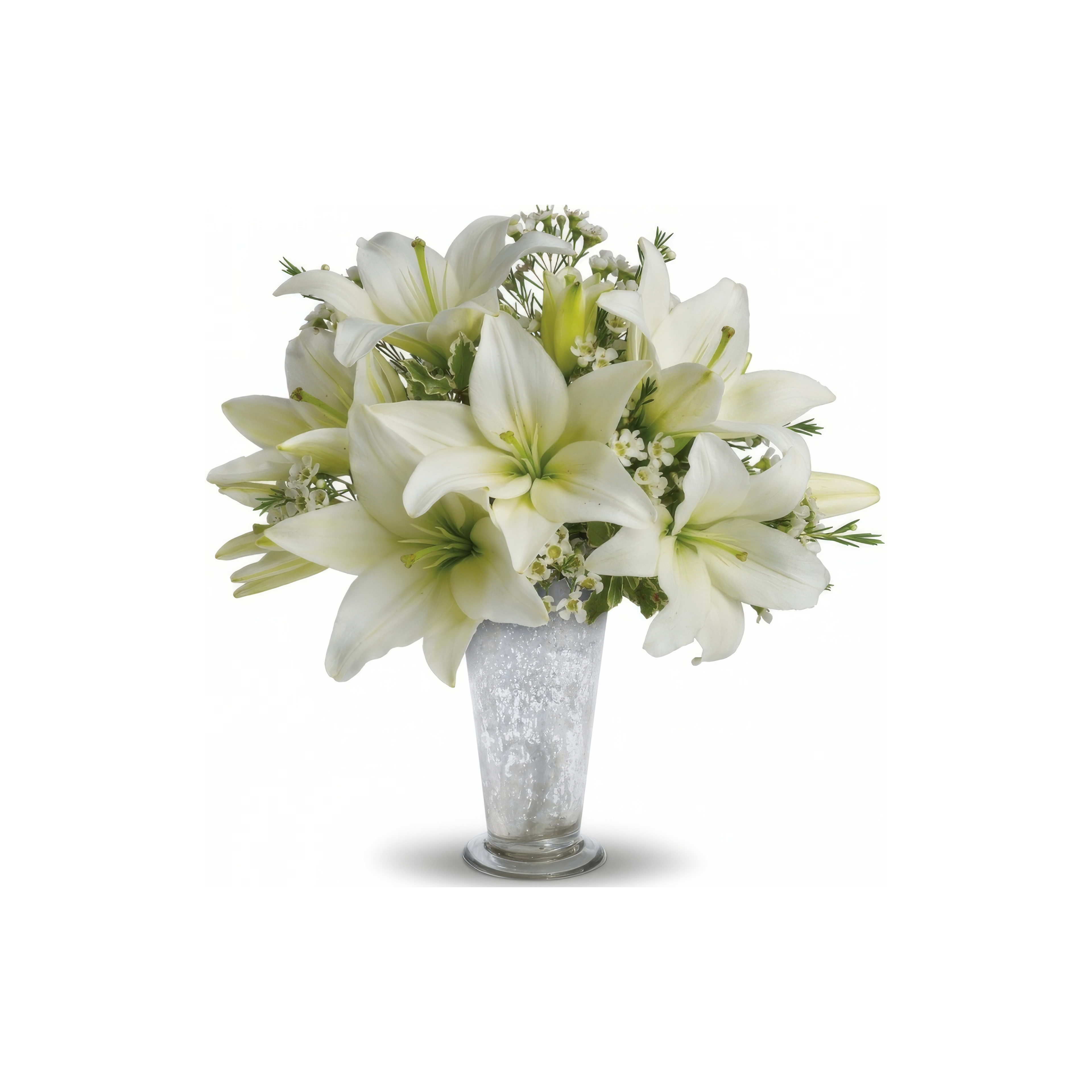 White lilies are artfully arranged in a charming silver vase, perfect for celebrations.