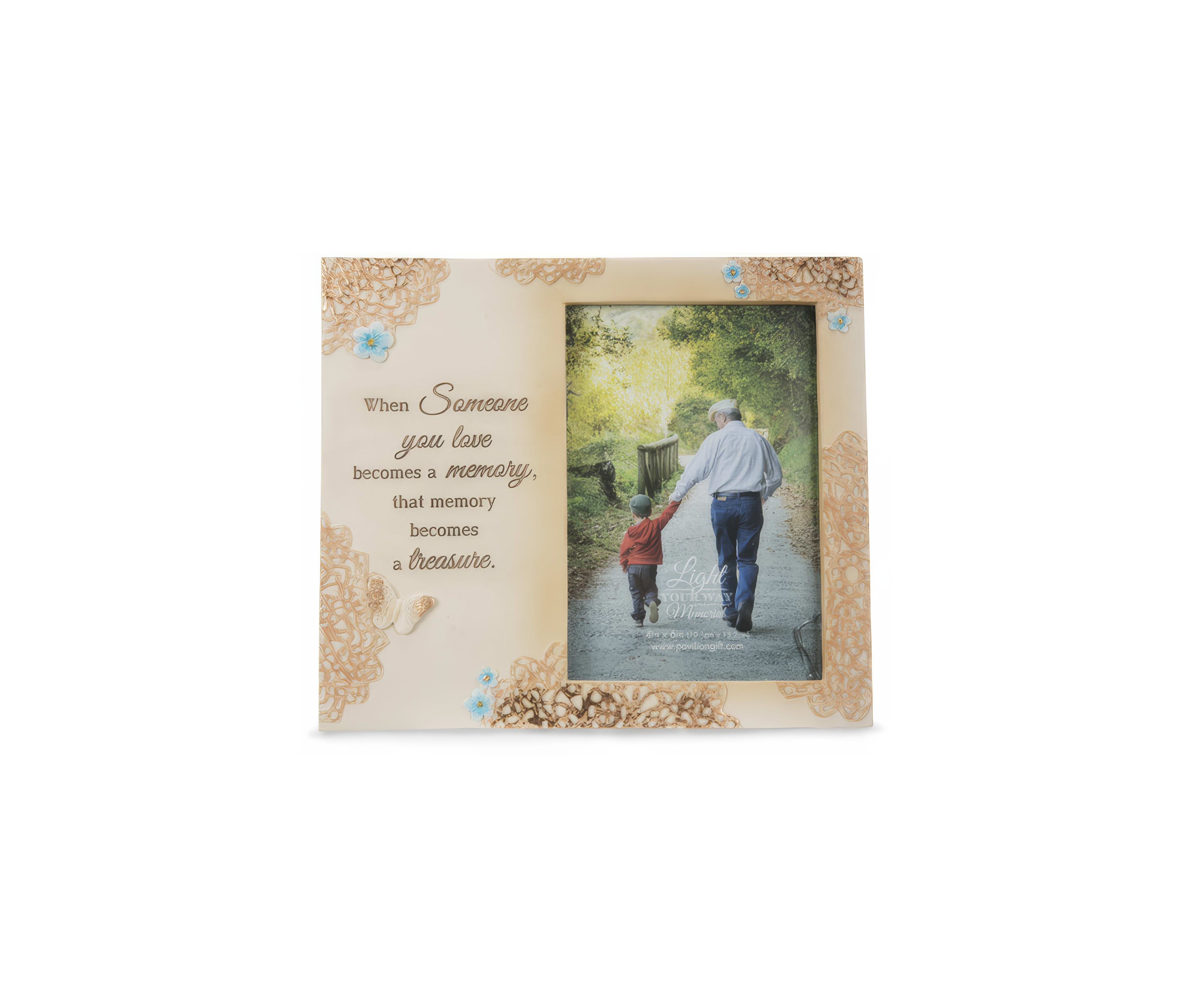A grandfather and grandson stroll hand in hand through a peaceful wooded area.