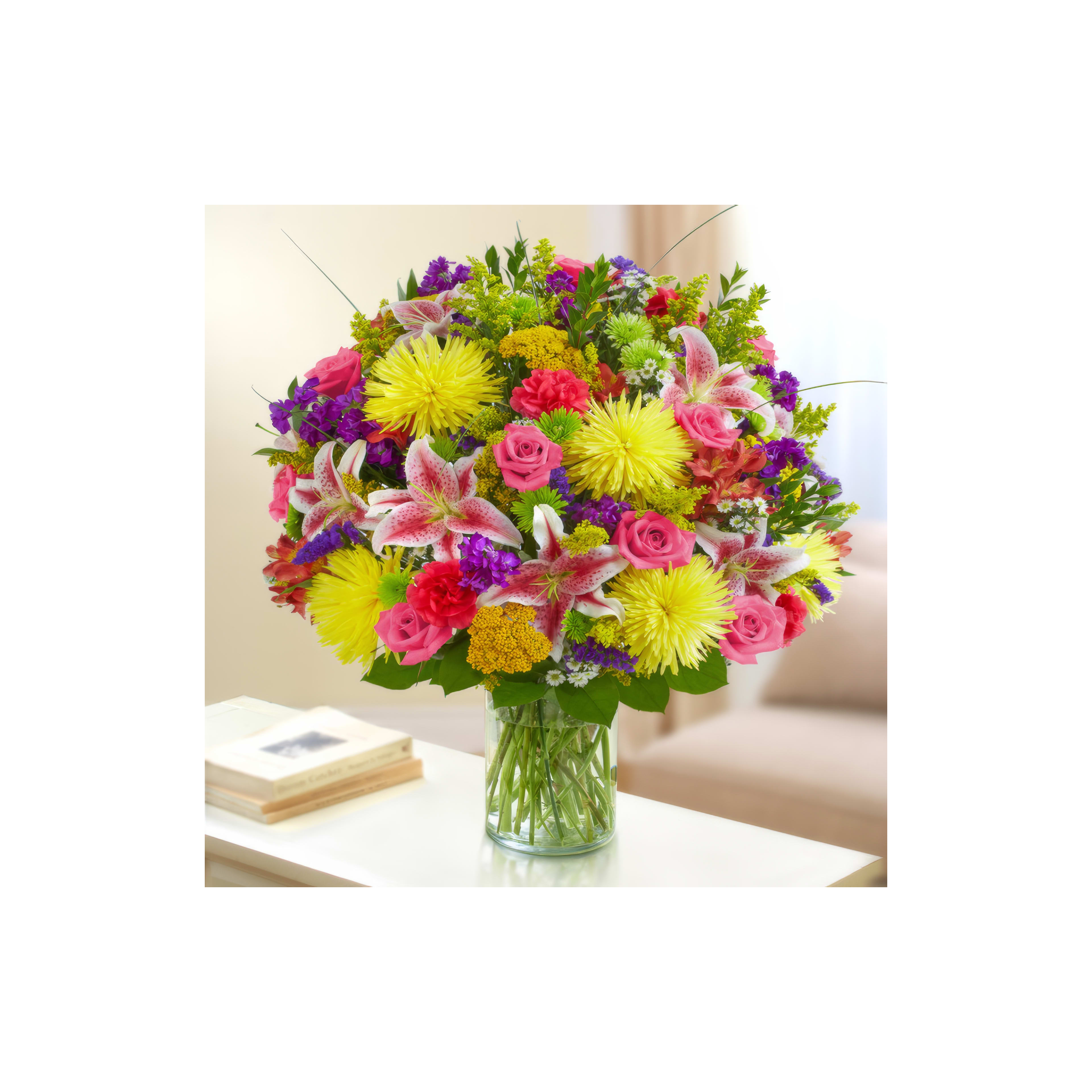 A vibrant arrangement of assorted flowers brightens up a cozy living room setting.