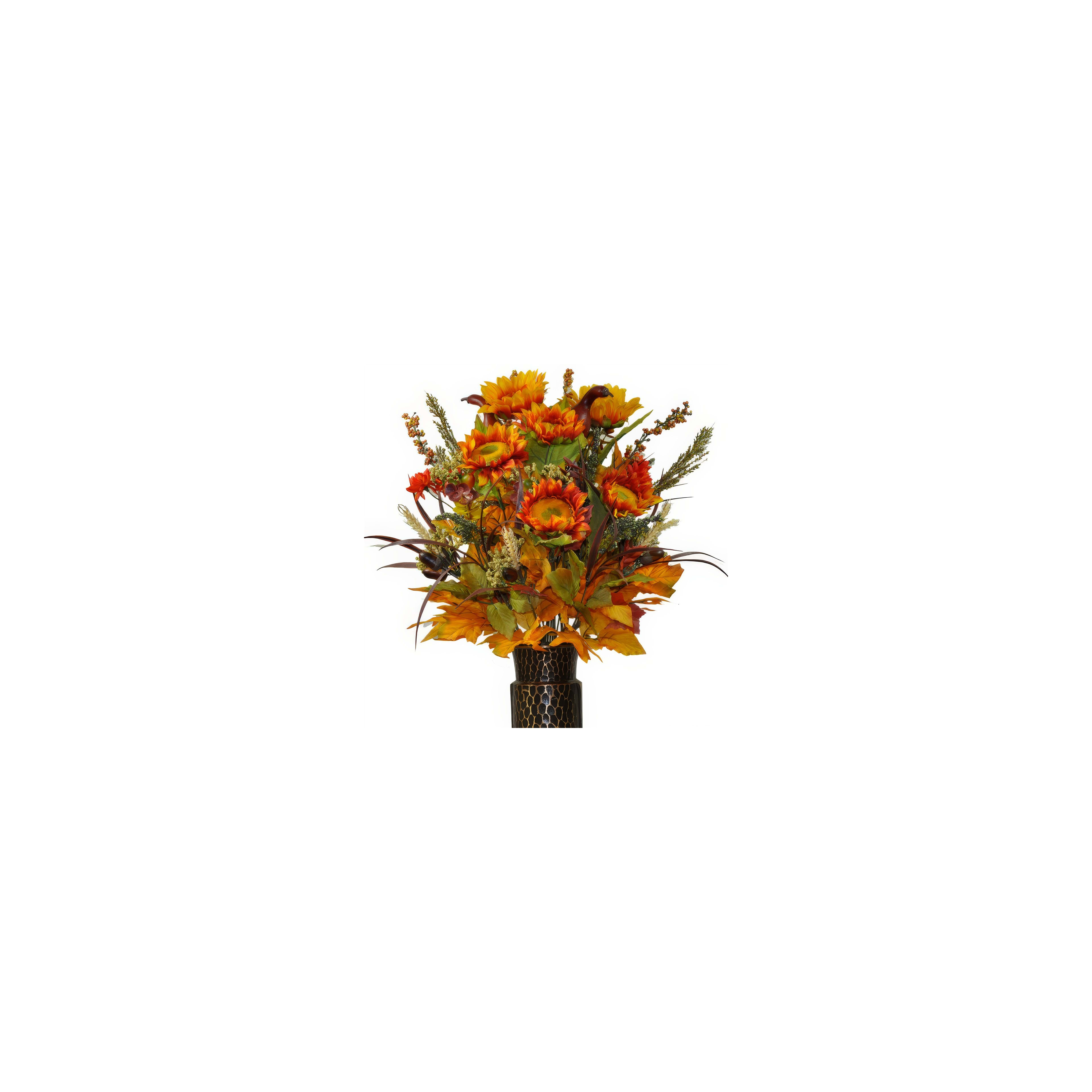Colorful flowers in shades of orange and yellow fill a sleek dark vase, enhancing autumn vibes.