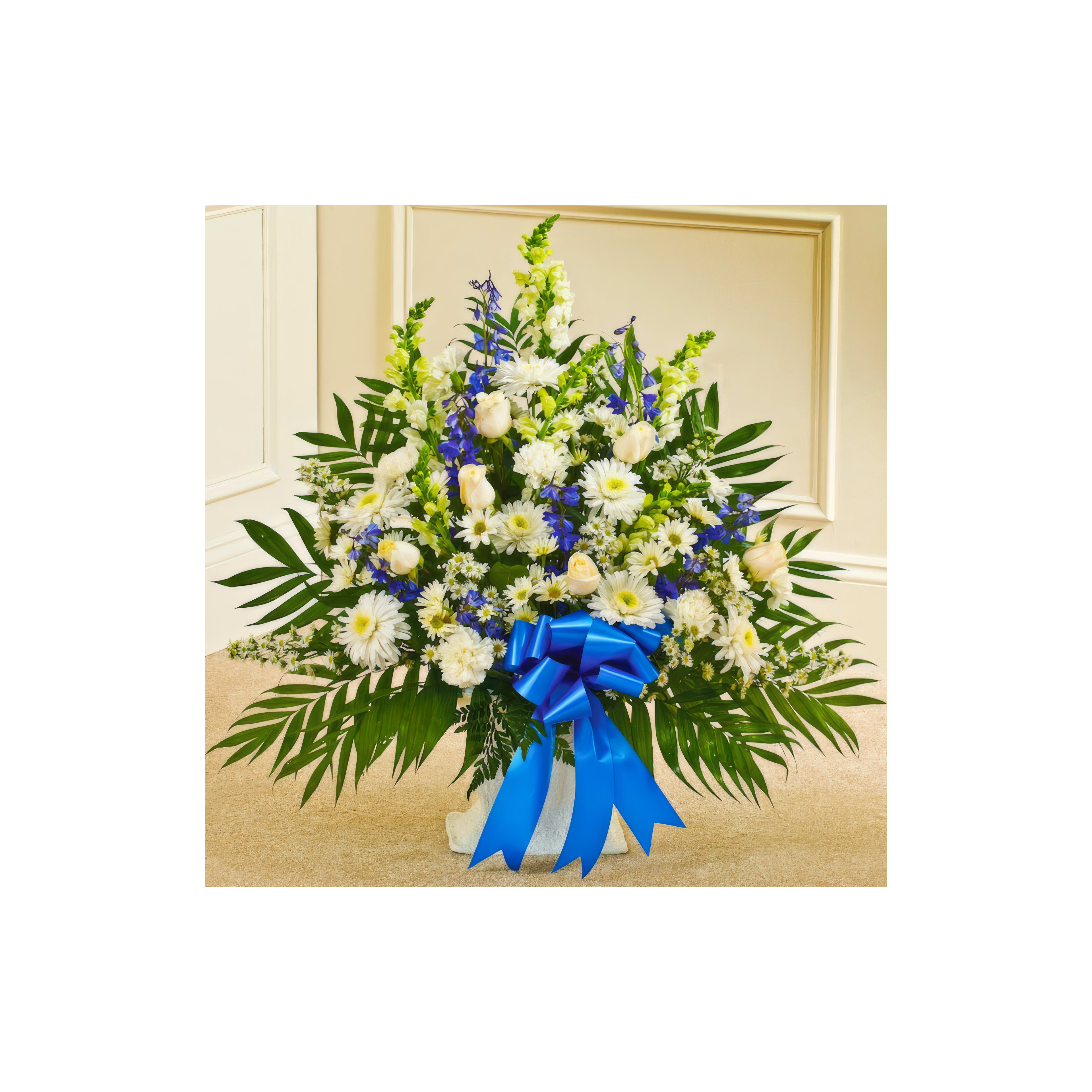 A stunning floral arrangement of white and blue blooms with lush greenery, ideal for any event.