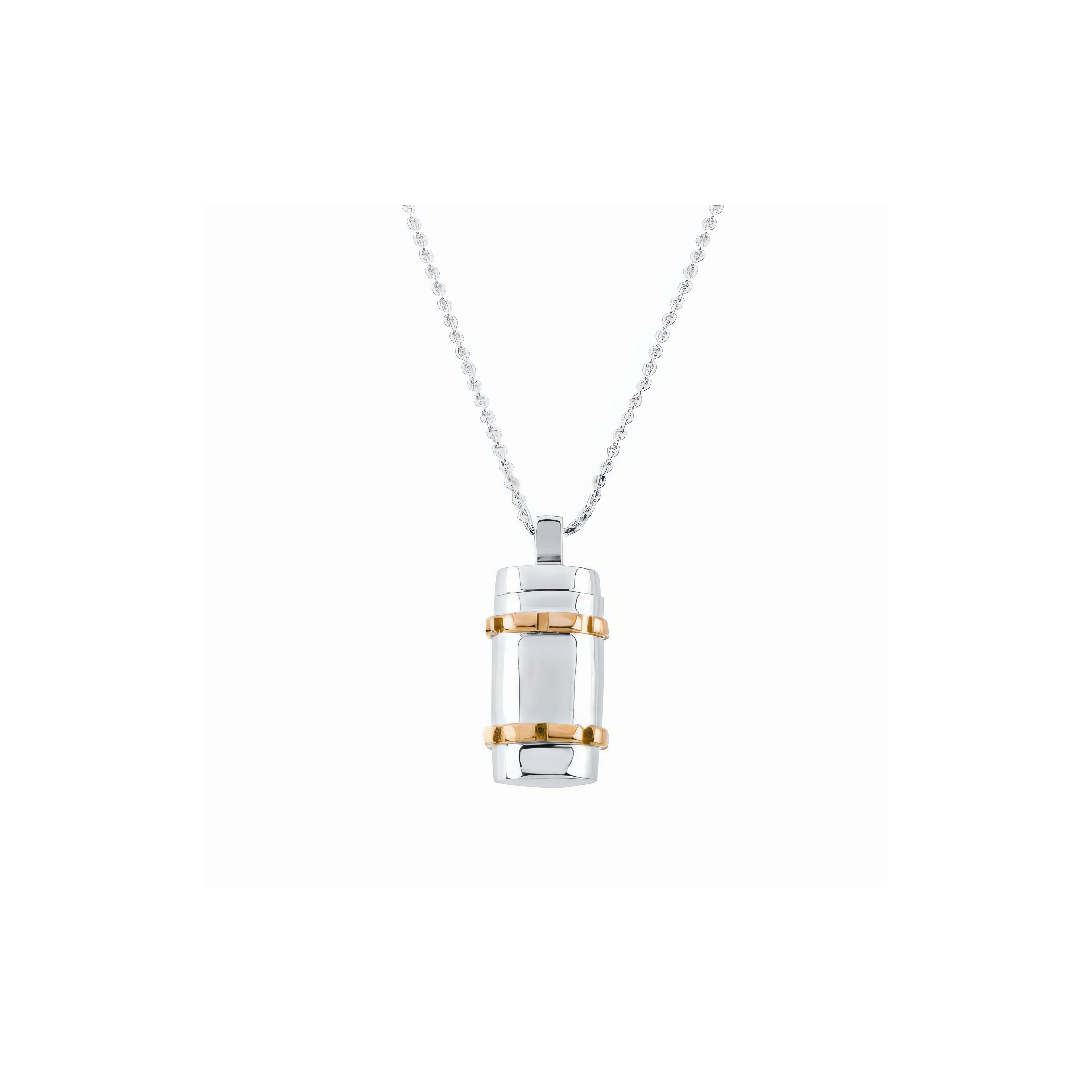 A stylish pendant necklace features a silver barrel design with gold accents and chain.