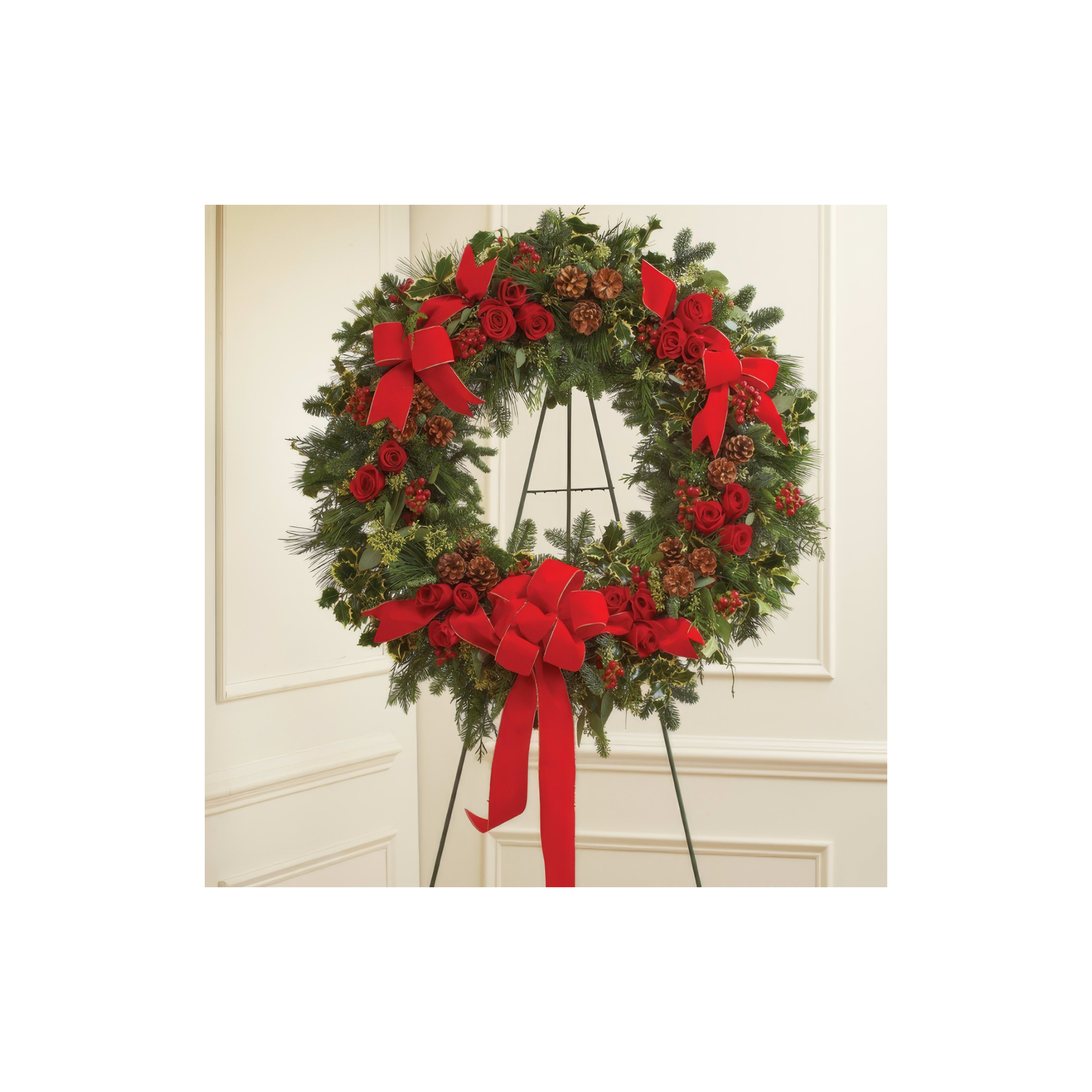 A festive wreath with red ribbons, pinecones, and greenery for indoor holiday decor.
